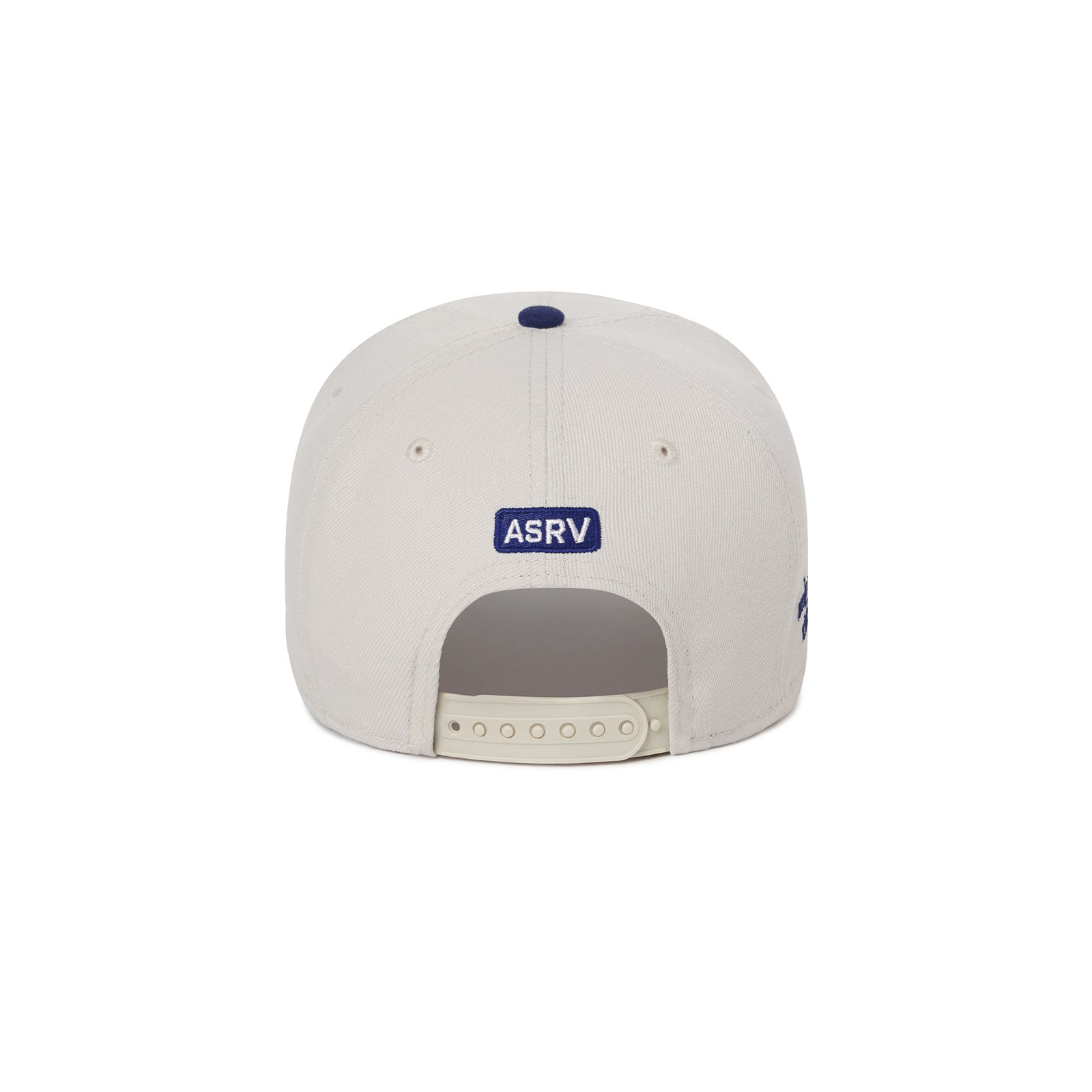 flatlay New Era 9Forty A-Frame Hat in stone and deep blue, back view