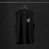 Black Tech Essential Relaxed Cutoff sleeveless tank on hanger, front view with red graphic