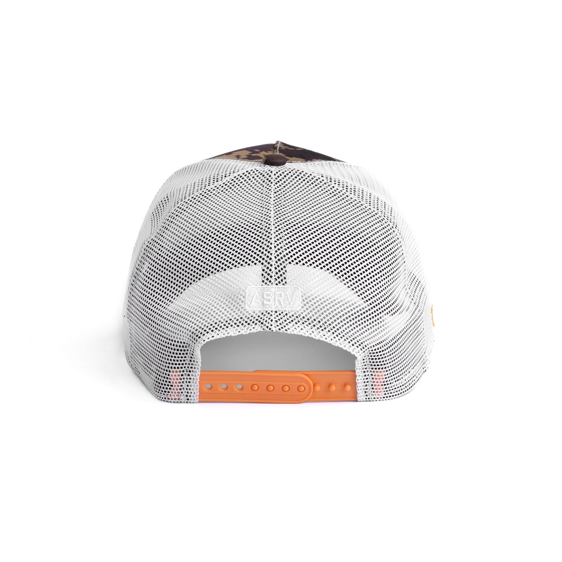flatlay New Era 9Forty A-Frame Trucker Hat in brown digital and white, back view