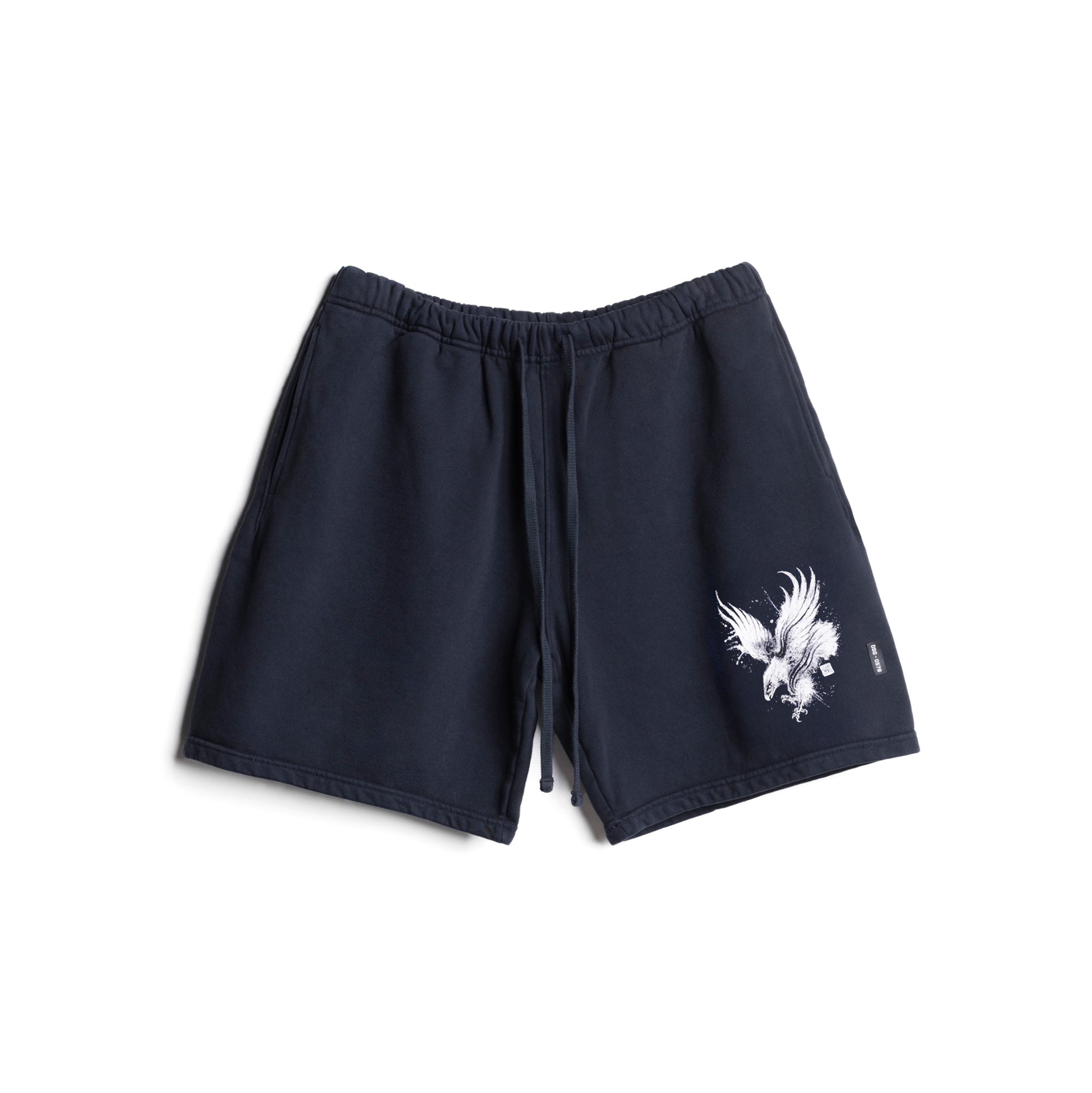 flatlay LE Cotton Shorts in navy with white eagle graphic, front view