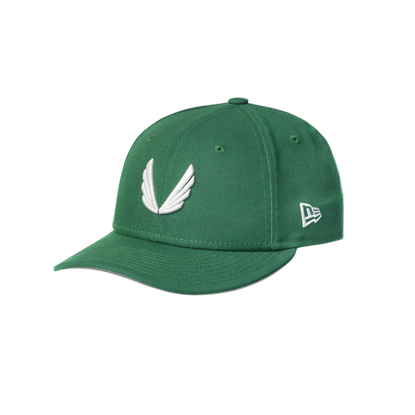 flatlay New Era 59Fifty Low Profile Hat in emerald green with white wings logo, front view