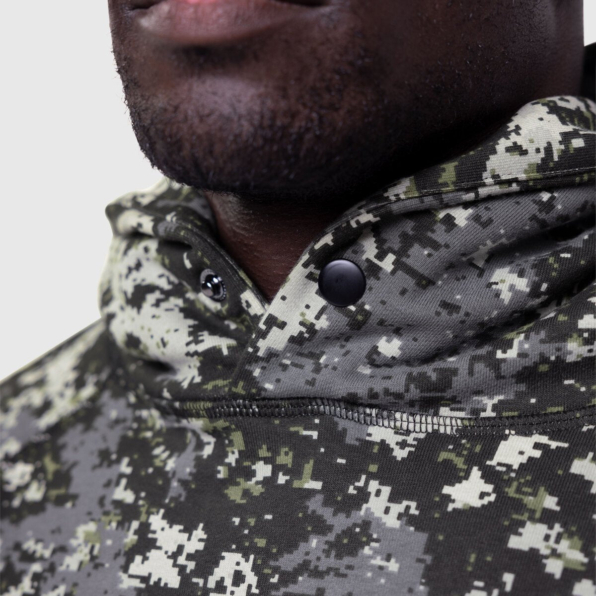 Tech-Terry Training Hoodie in Pixel Camo Blade worn by model, shoulder detail view