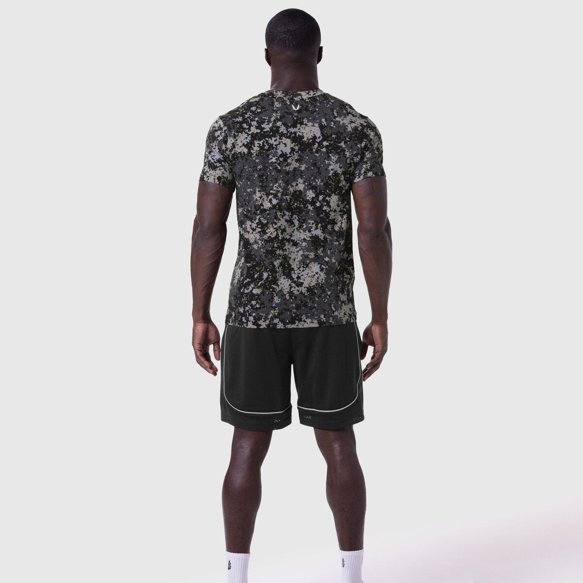 Supima Essential Tee in pixel camo worn by model, back view