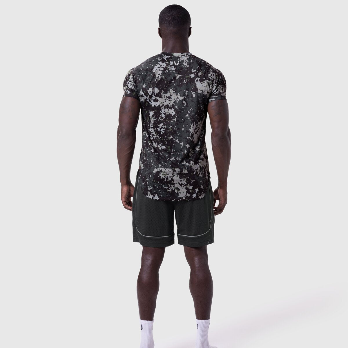 AeroSilver Established Tee in pixel camo black, back view on model