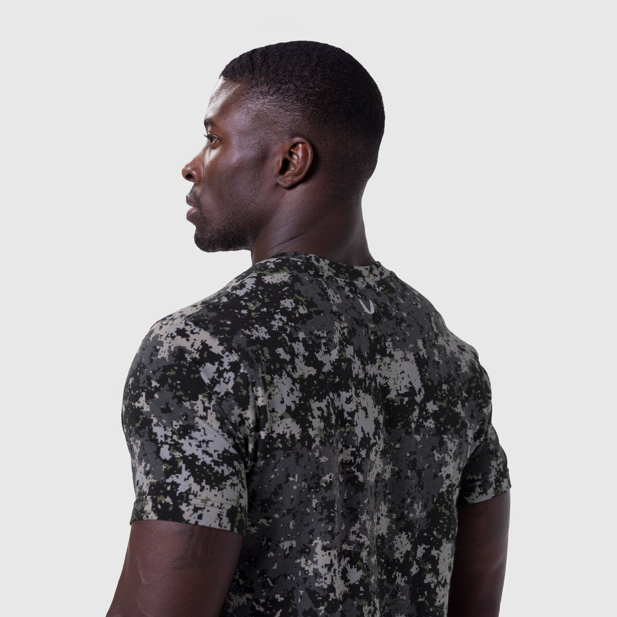 Supima Essential Tee in Pixel Camo worn by model, back view