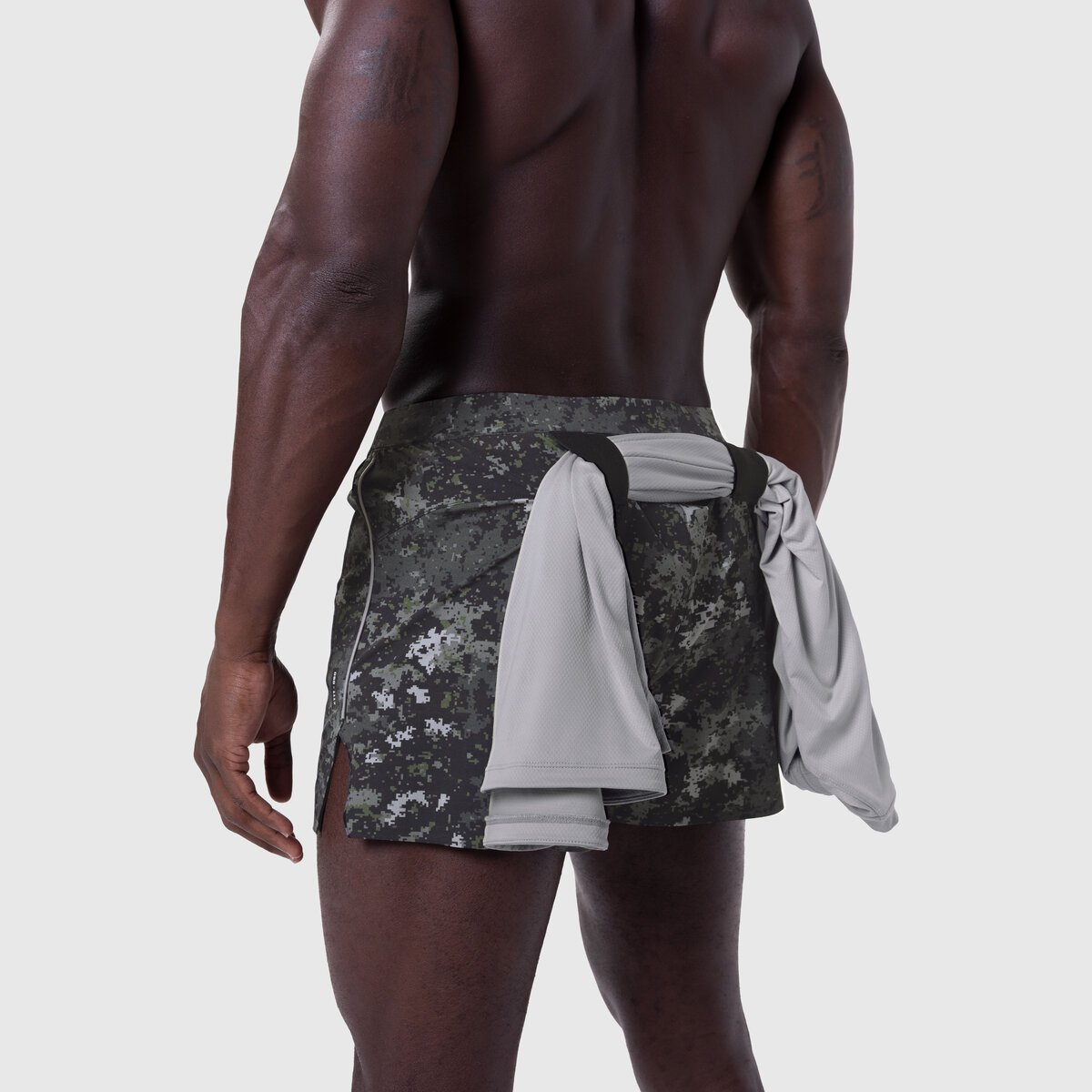 Aerotex 3" Distance Short in Pixel Camo Blade worn by model, back view with towel