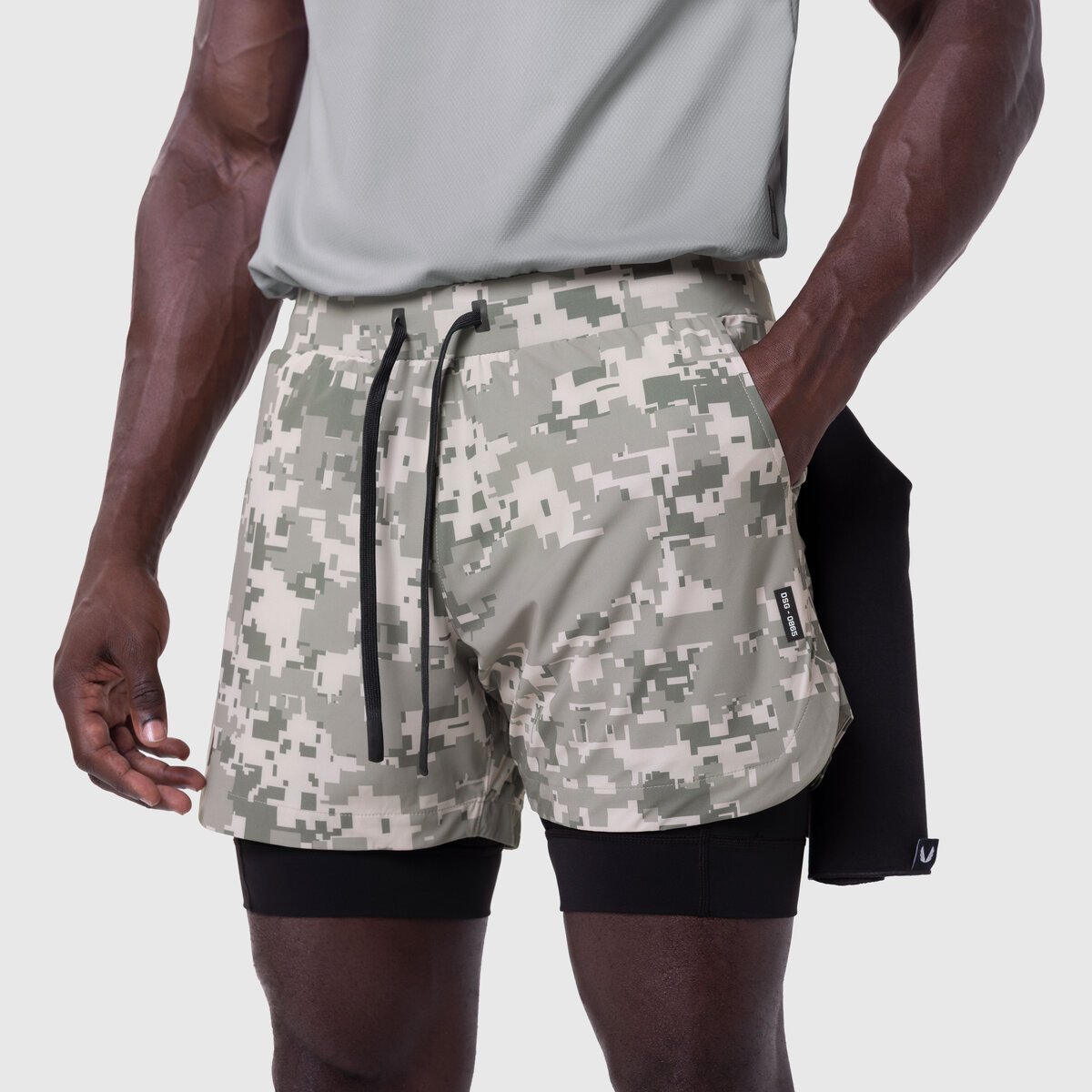 Tetra-Lite 5" Liner Short in digital camo and black, worn by model showing back view