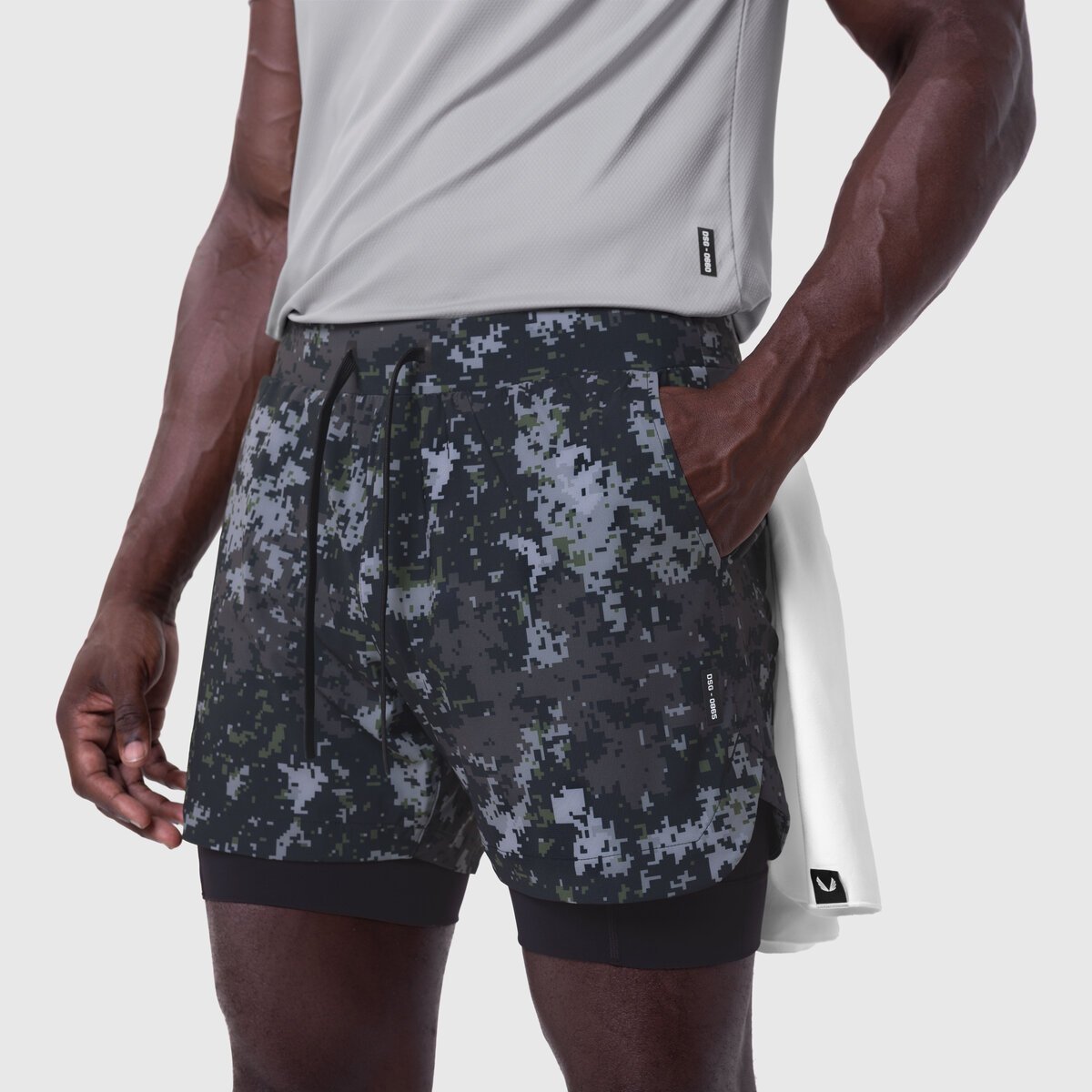 Tetra-Lite® 5" Liner Short in pixel camo and black, worn by model, side view