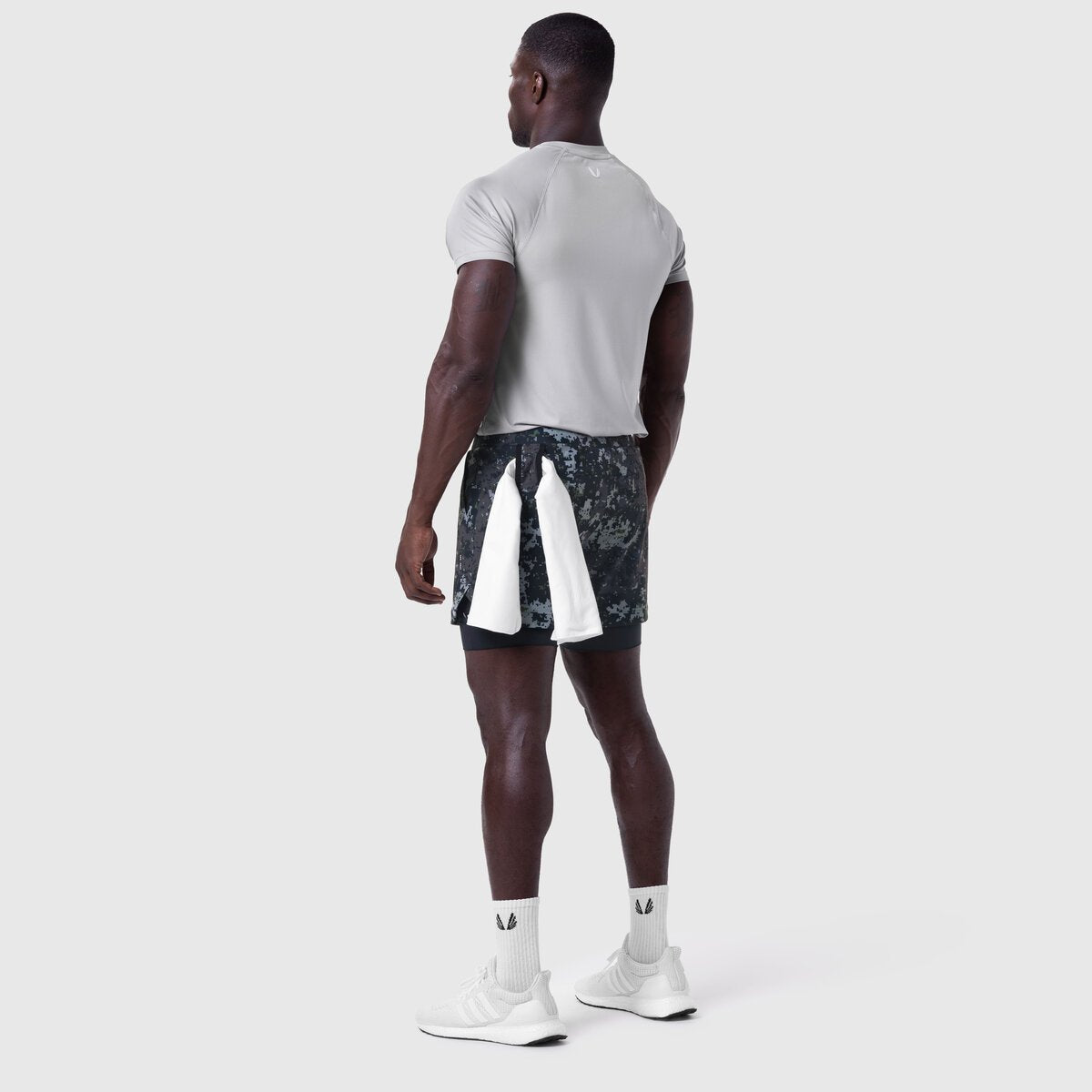 Tetra-Lite® 5" Liner Short in Pixel Camo Wings/Black, back view on model