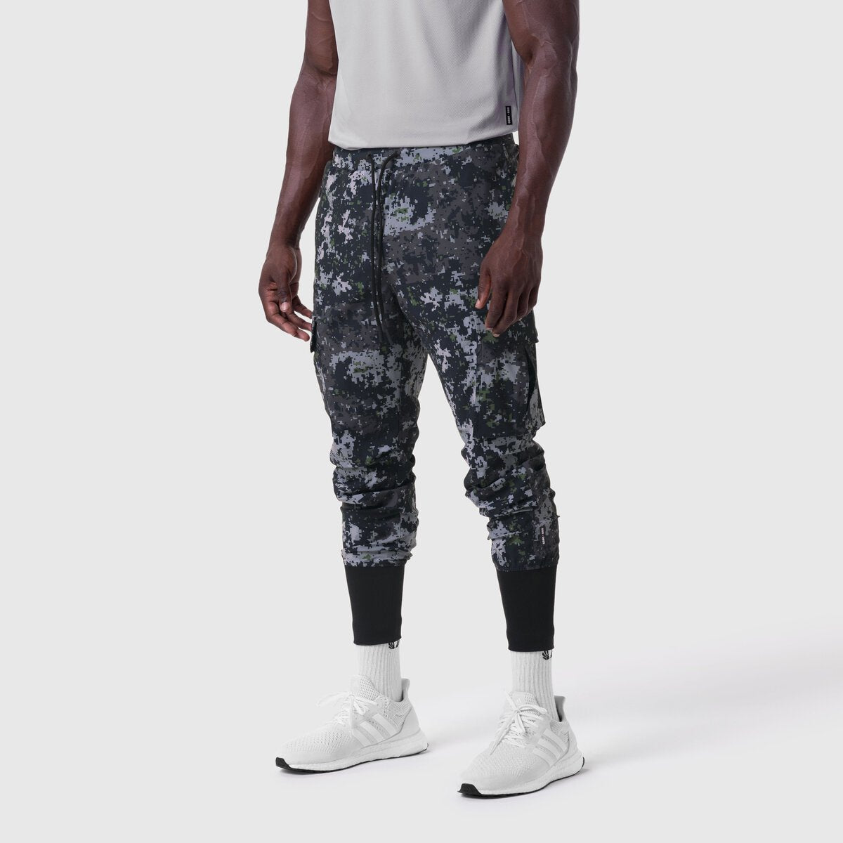 Tetra-Lite Cargo High Rib Jogger in Pixel Camo worn by model, back view