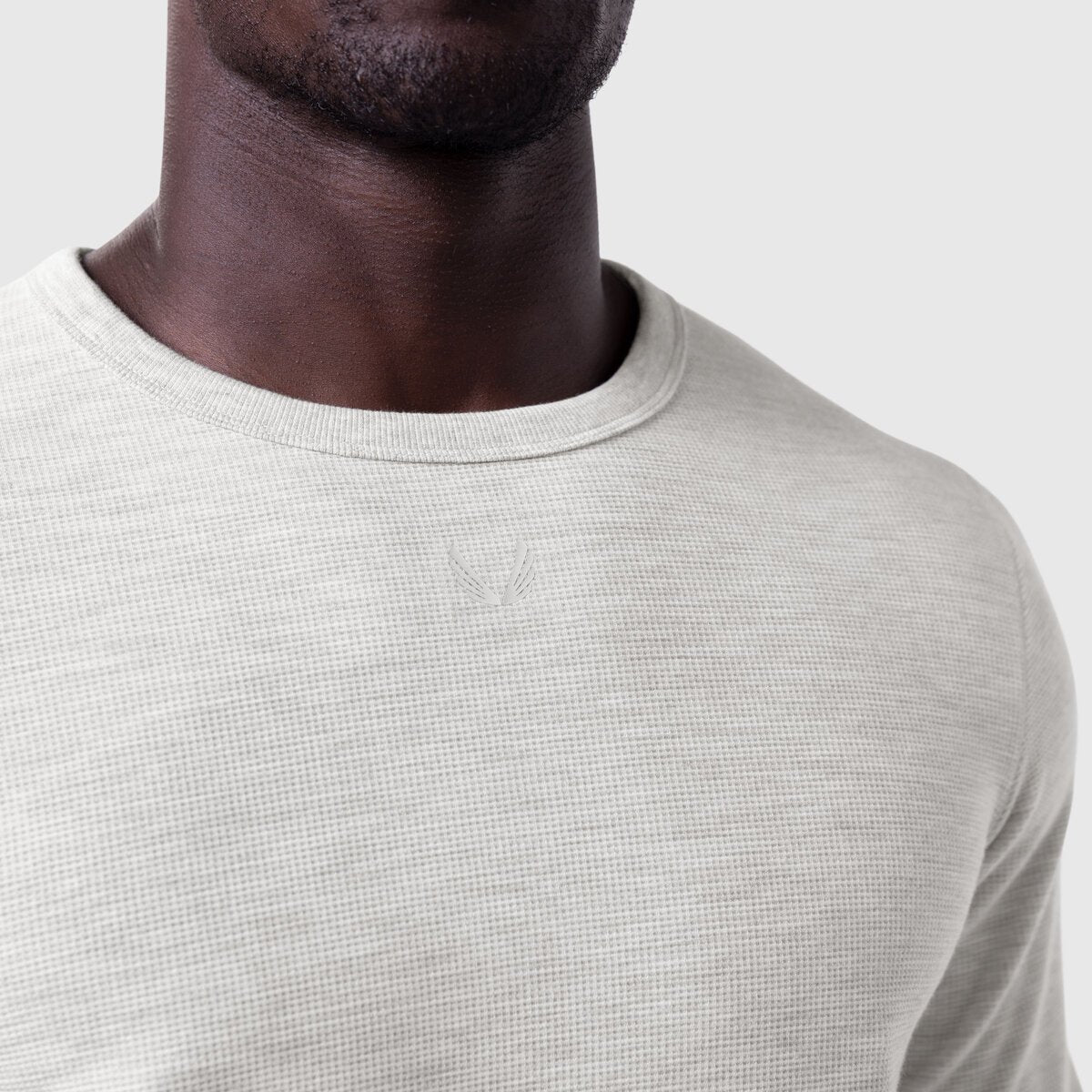 Waffle knit longsleeve in heather grey worn by model, close-up front view
