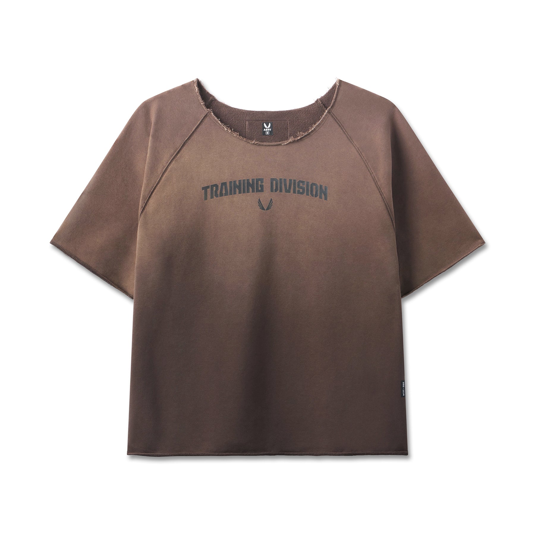 flatlay Vintage Raw Hem Pump Cover t-shirt in dark earth sun fade, front view