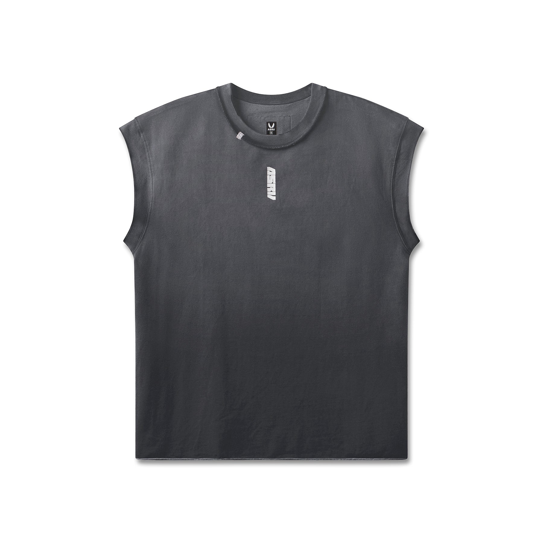 flatlay Tech Essential Cap Shoulder Cutoff sleeveless tank in black sun fade, front view