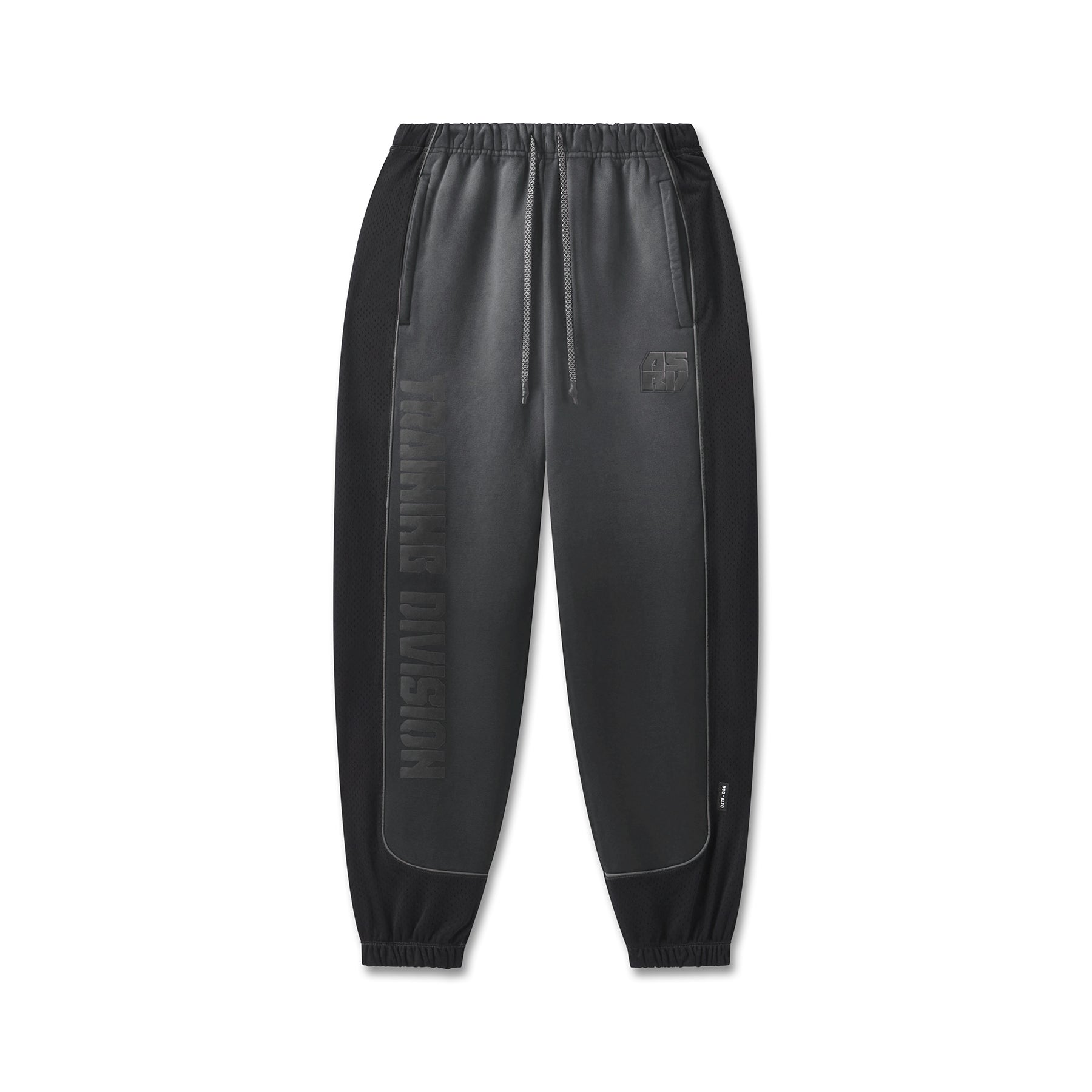 flatlay of black Tech-Terry Mesh Panel Sweats joggers with mesh side panels, front view