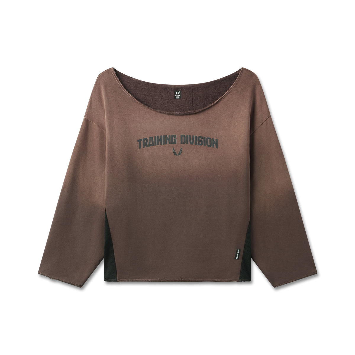 of raw hem oversized crewneck in dark earth with Training Division text, front view