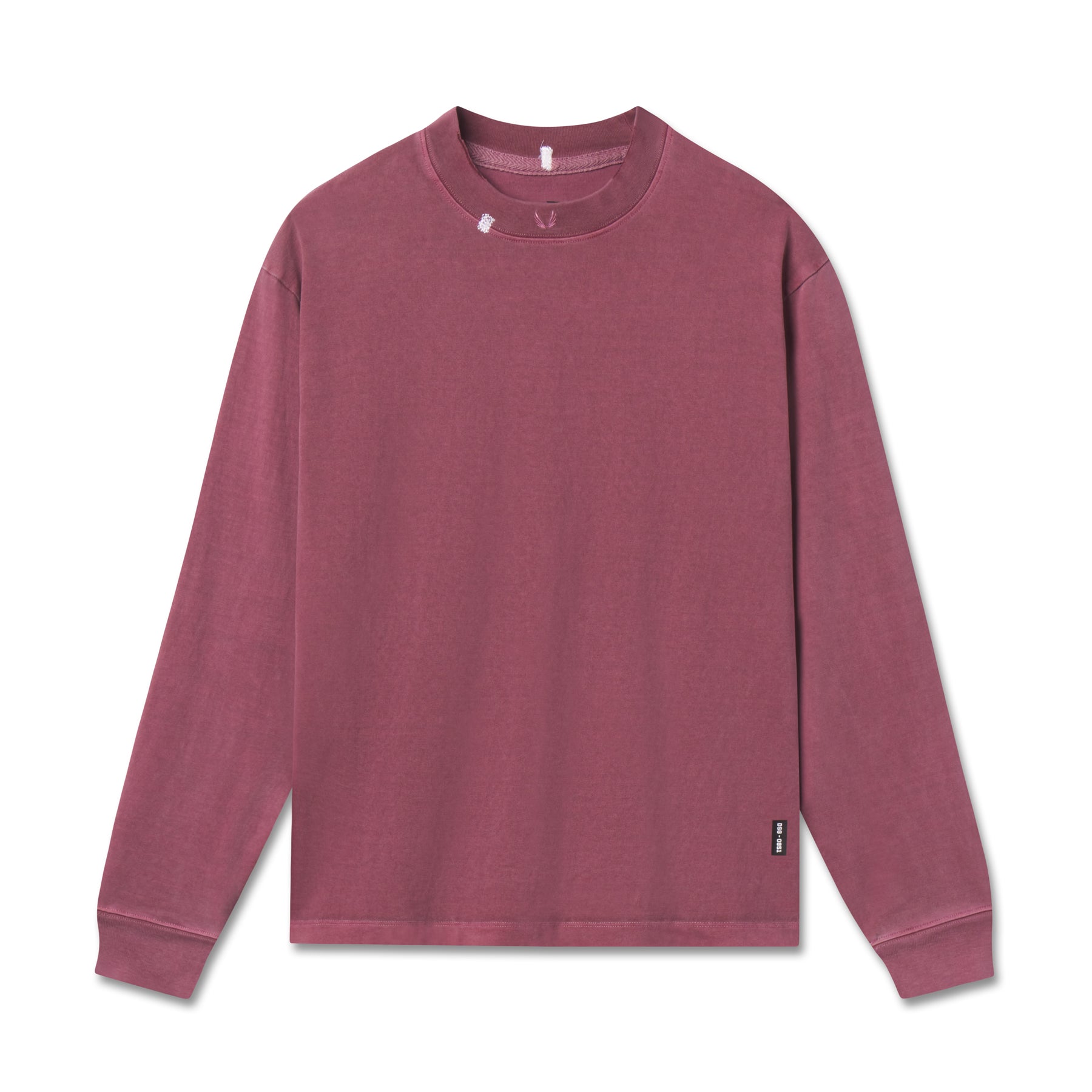 flatlay Tech Essential Relaxed Long Sleeve in faded crimson, front view