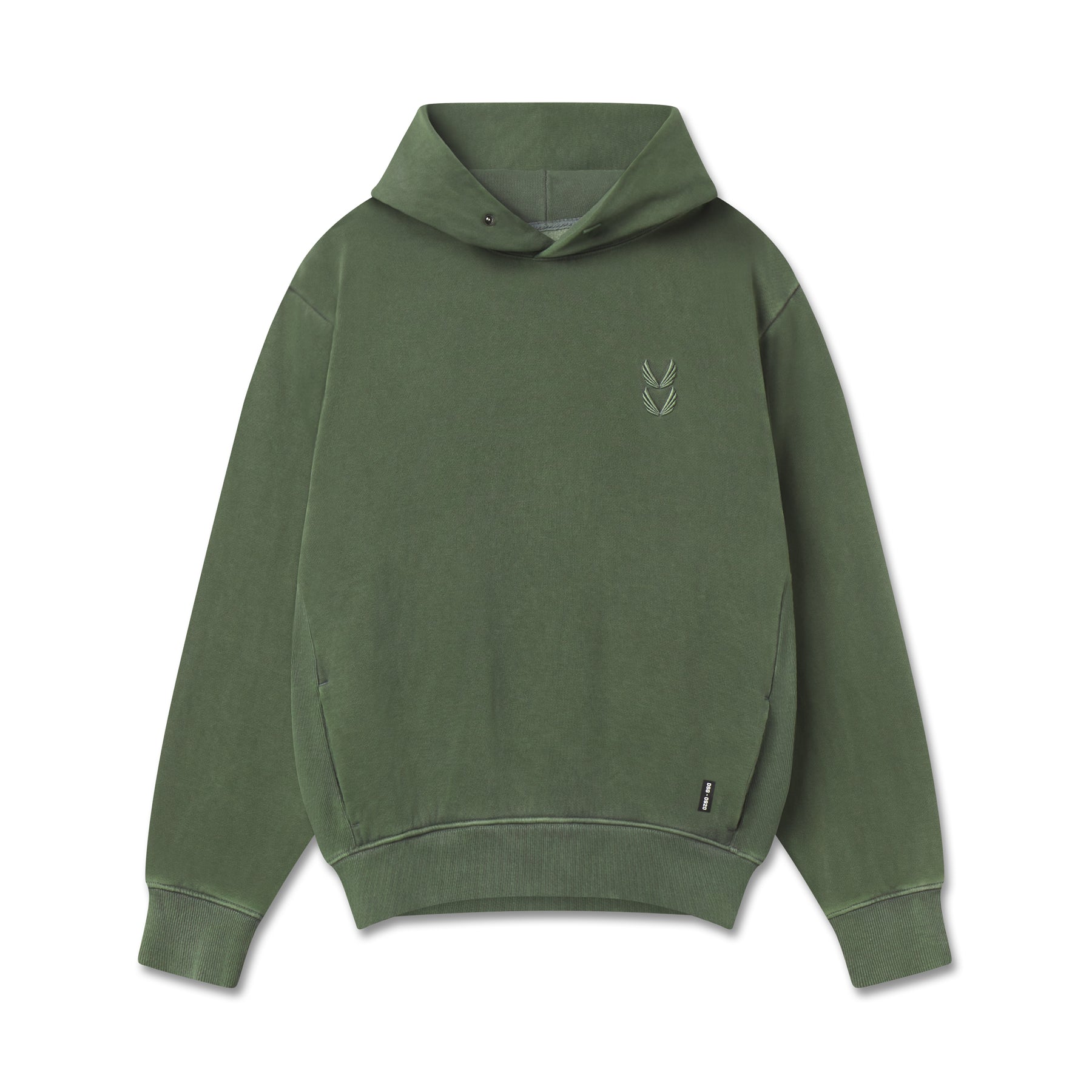 flatlay Tech Essential Distressed Hoodie in faded olive, front view