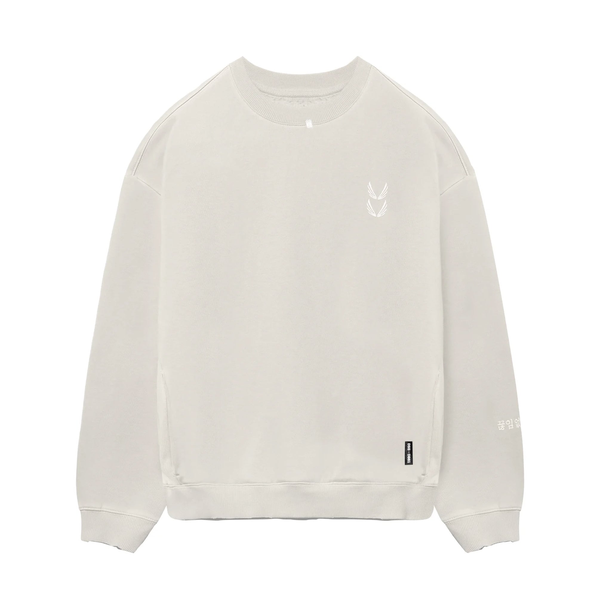 flatlay Tech Essential Distressed Crewneck sweatshirt in faded stone, front view