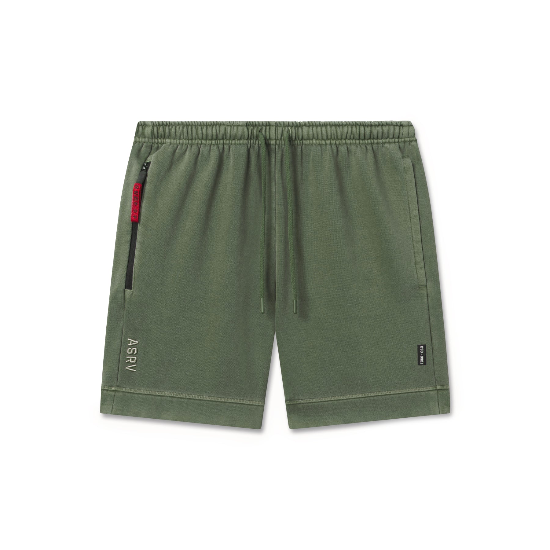 flatlay Tech Essential Sweat Short in faded olive, front view