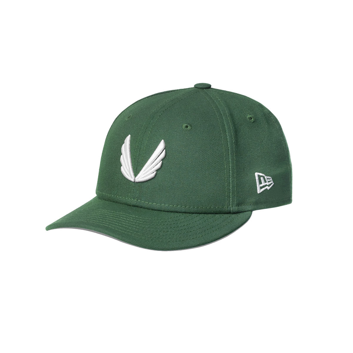 flatlay New Era 59Fifty Low Profile Hat in forest green with white wings logo, front view