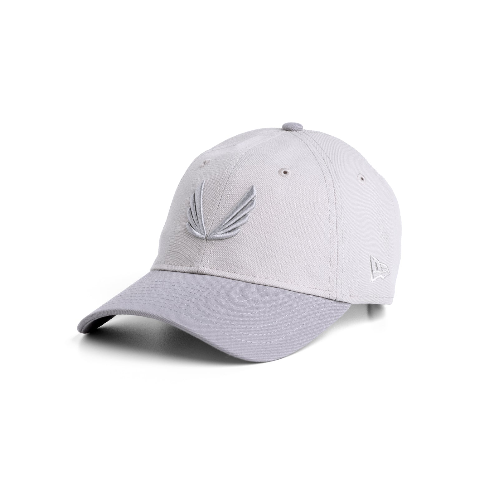 flatlay New Era 9Twenty Strapback Hat in stone and grey two-tone, front view