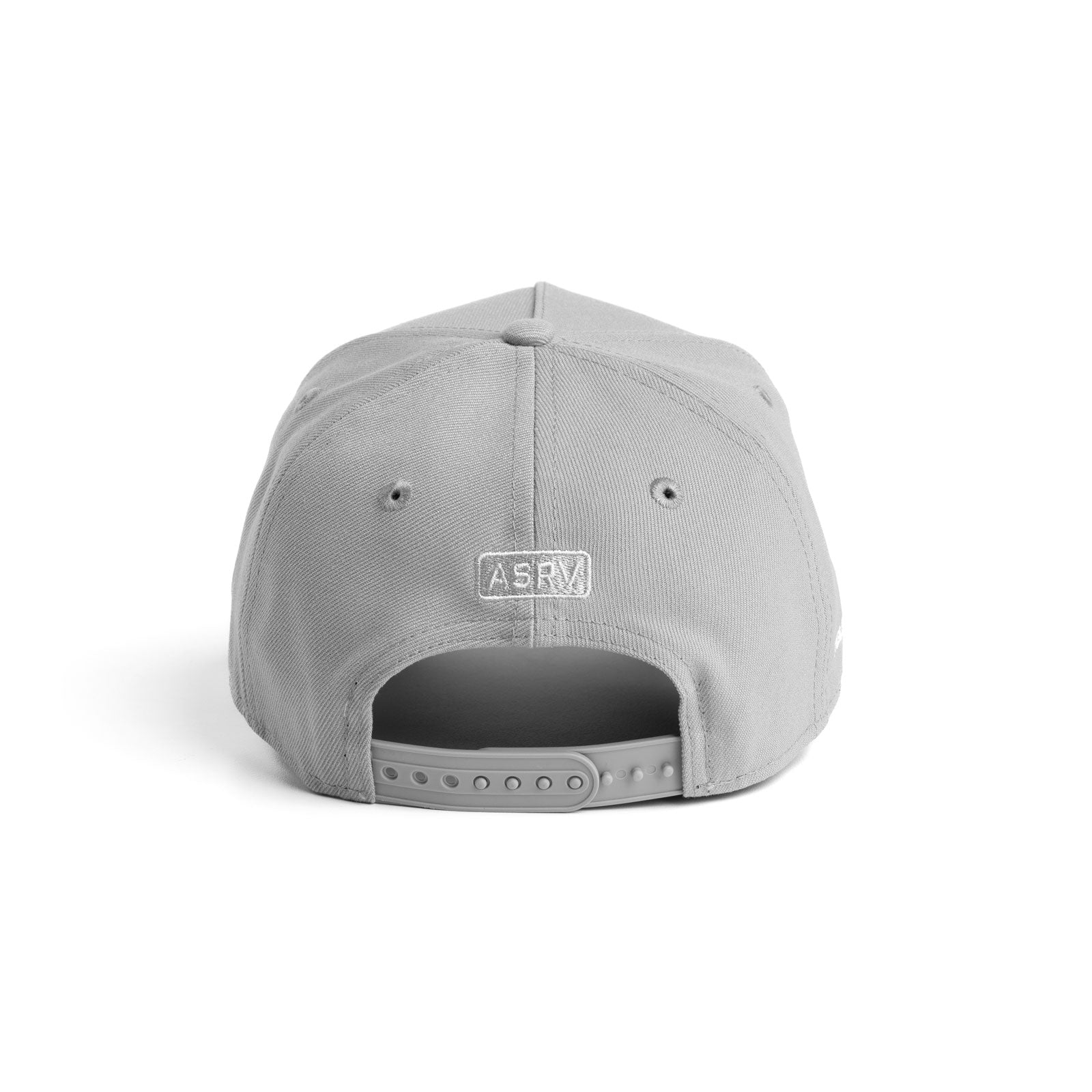 flatlay New Era 9Forty A-Frame Hat in grey, back view showing snapback closure