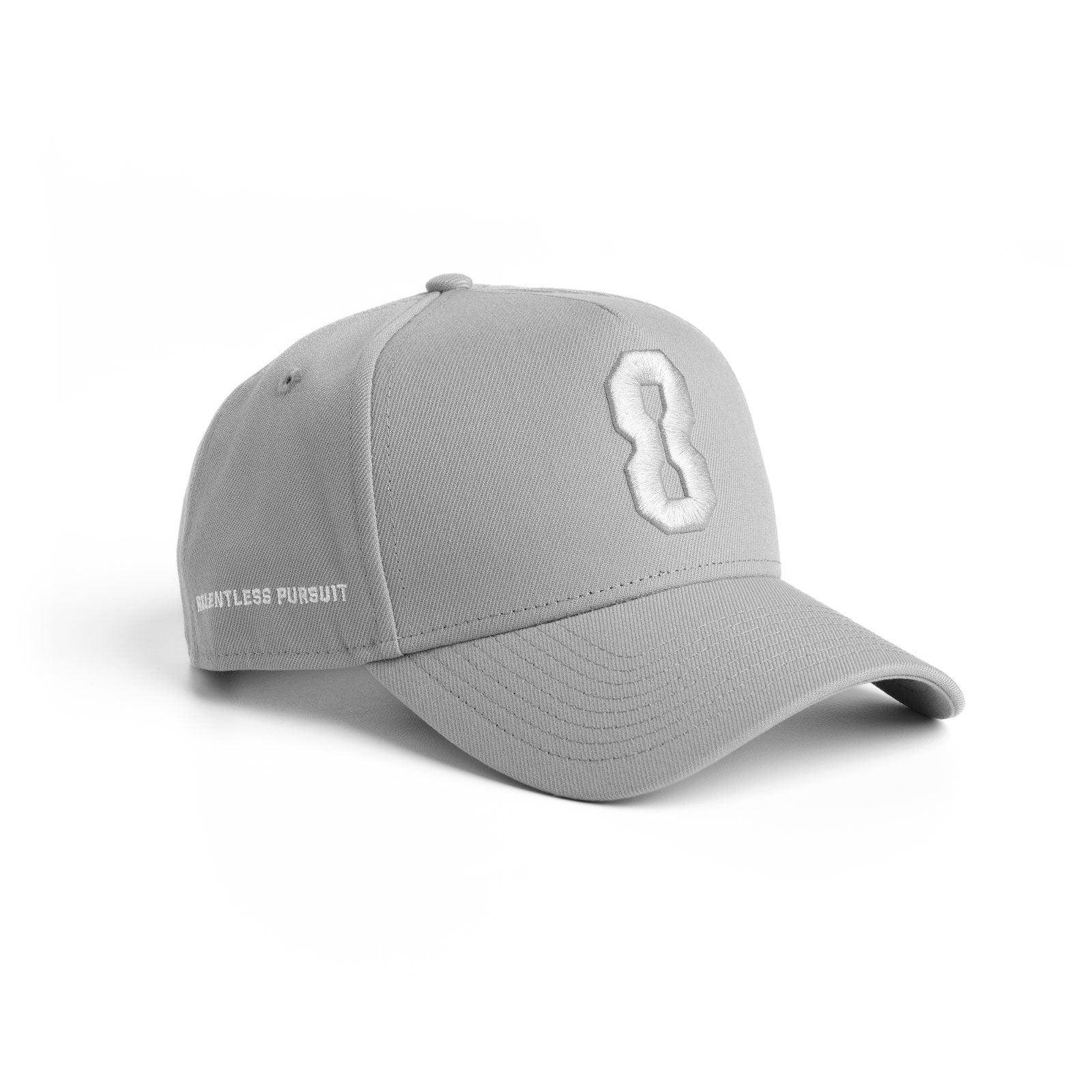 flatlay New Era 9Forty A-Frame Hat in grey with white '8' logo, front view