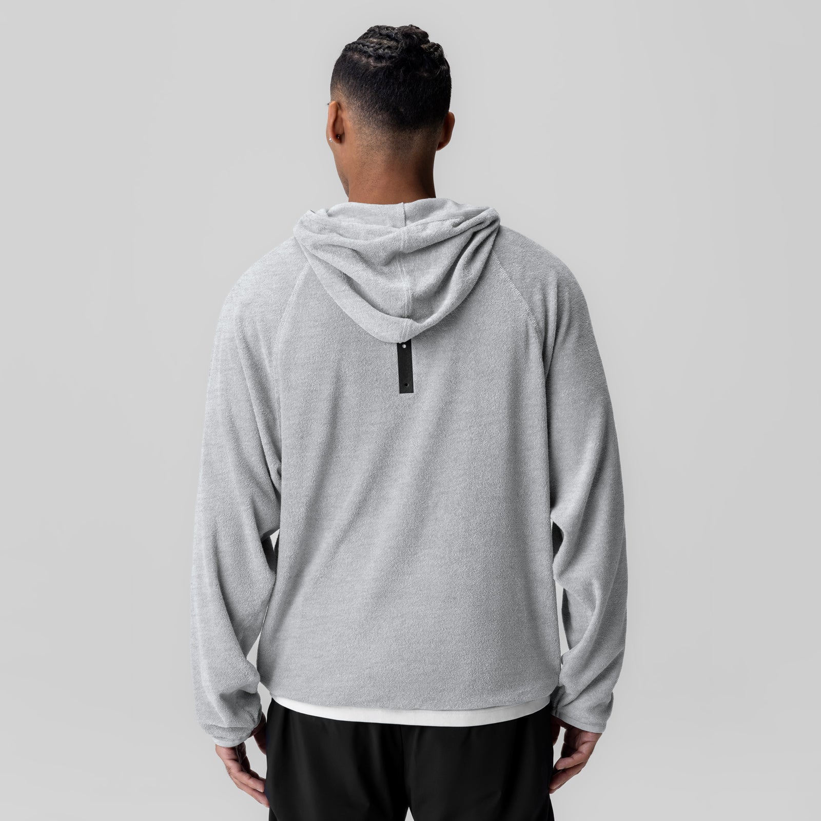Towel Terry Reversible Hoodie in heather grey, back view on model