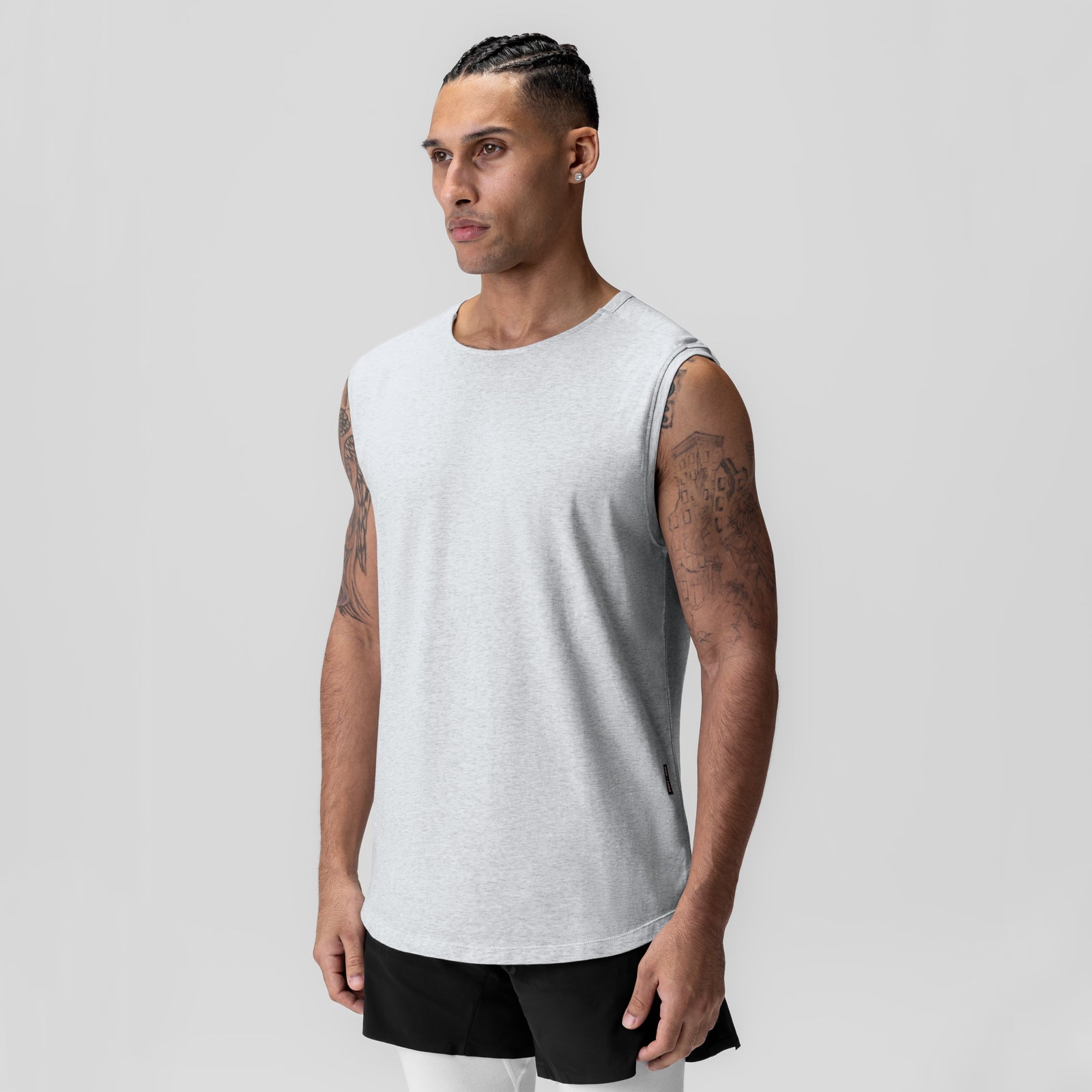 Heather grey Creora Cotton Modal Cutoff Tank worn by model, front view