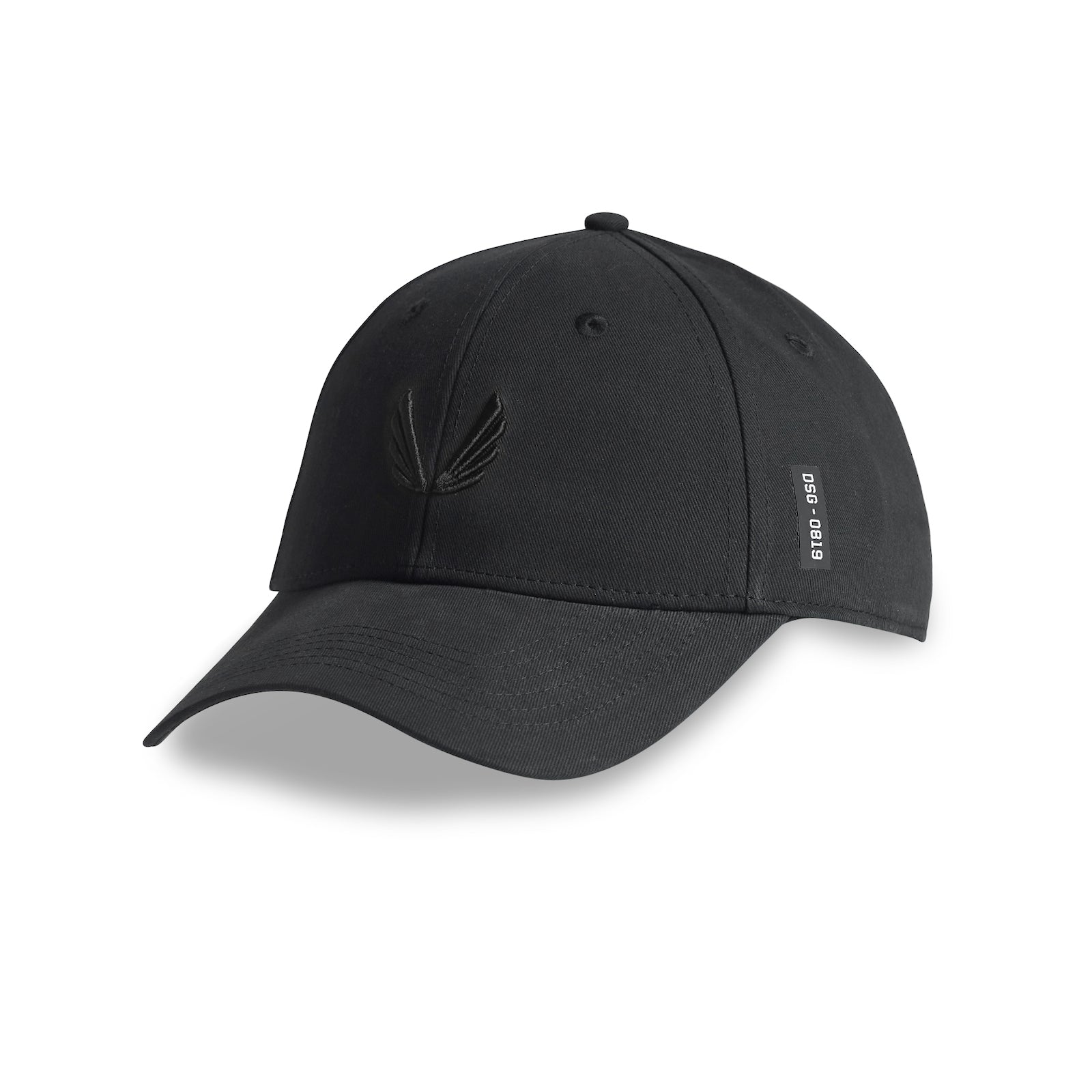 Black sport cap with embroidered wings logo, angled side view on white background