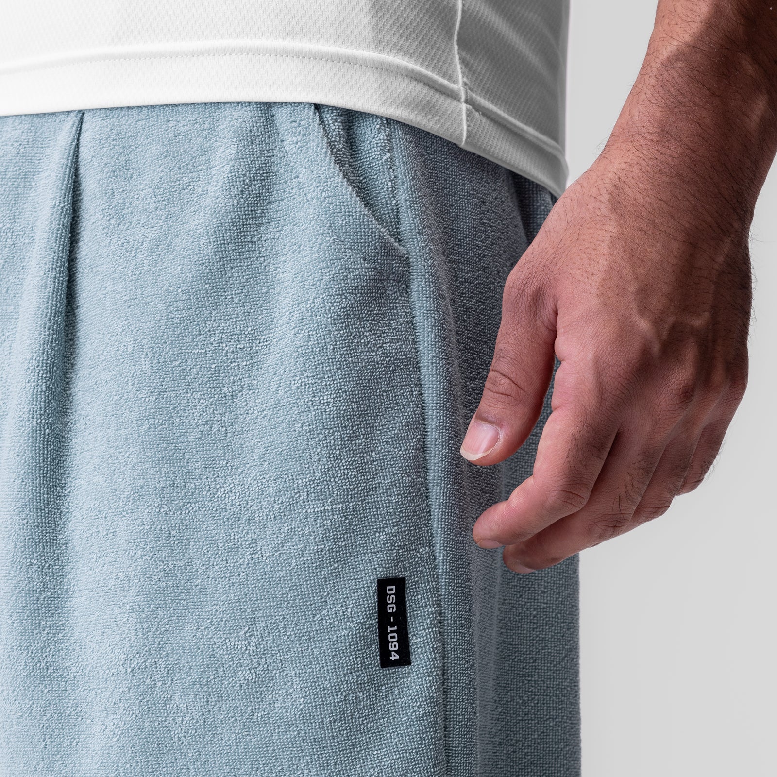 Towel Terry Relaxed Short in Light Sky, worn by model showing side pocket detail
