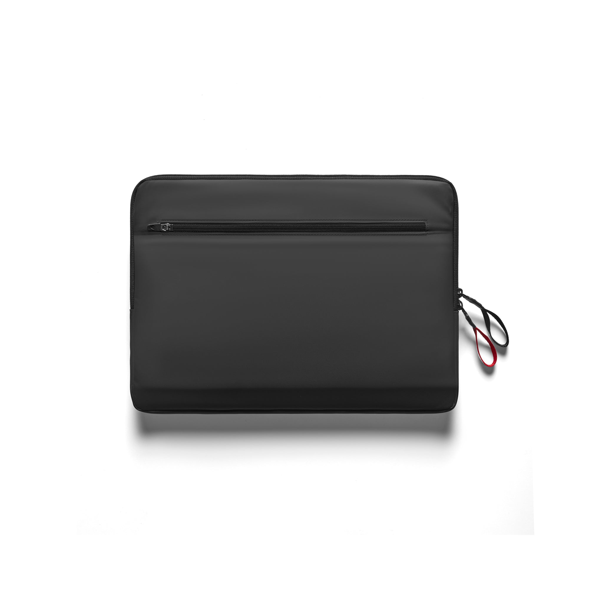 flatlay water resistant padded laptop case in black, front view with carrying handle