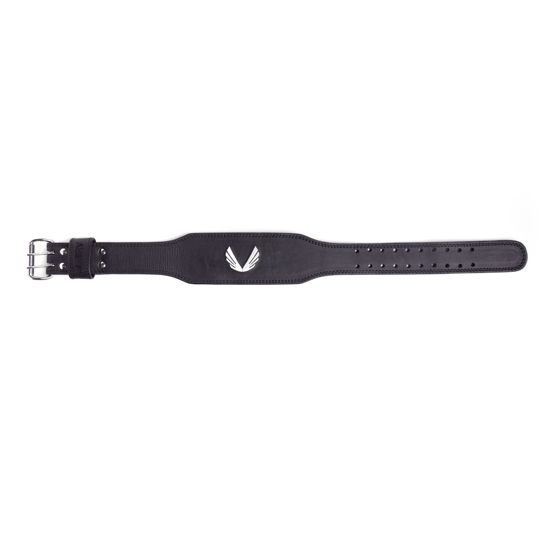 flatlay of black leather lifting belt with metal buckle and perforated adjustment holes, top view