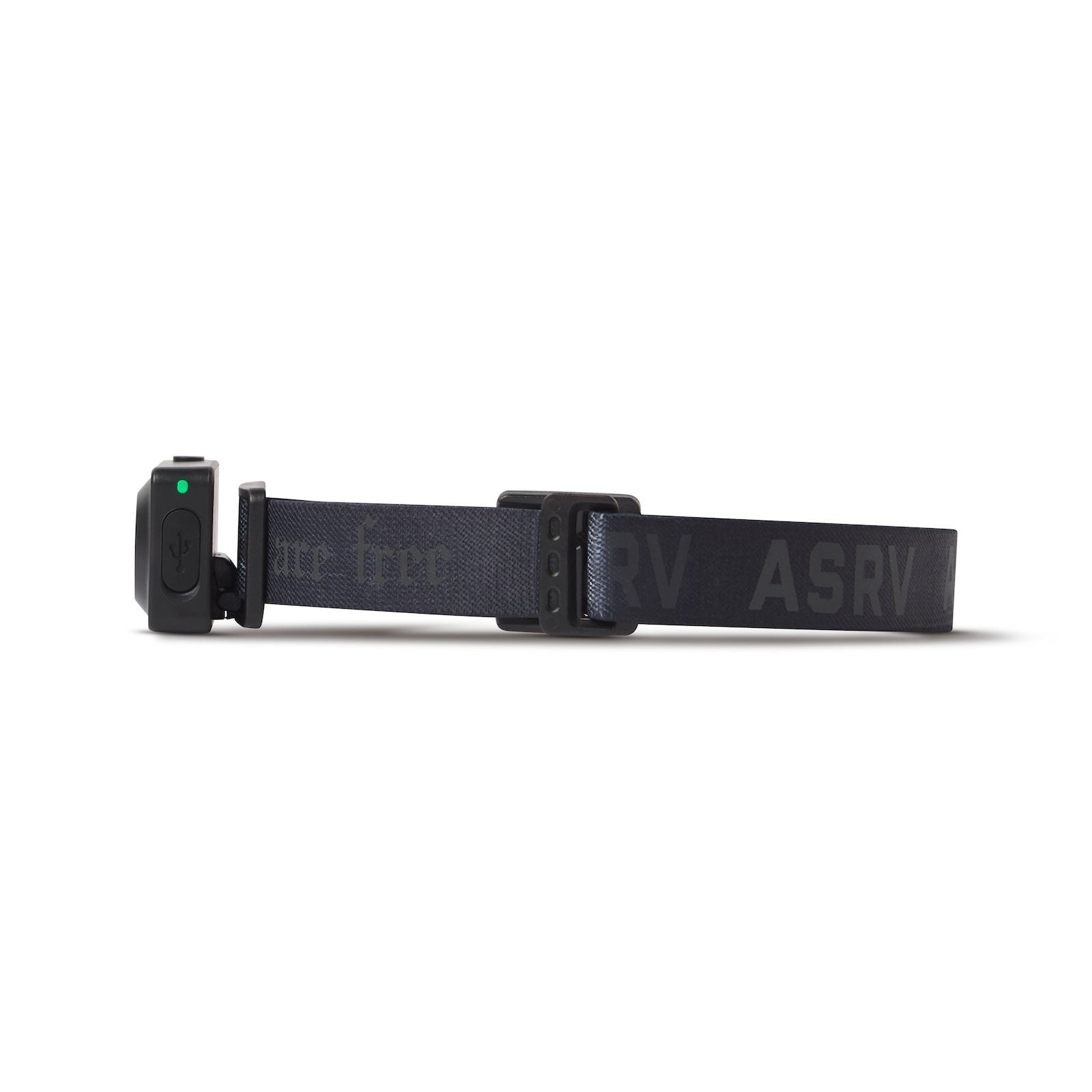 ASRV x Bookman Monocle headlamp in black, front view against white background