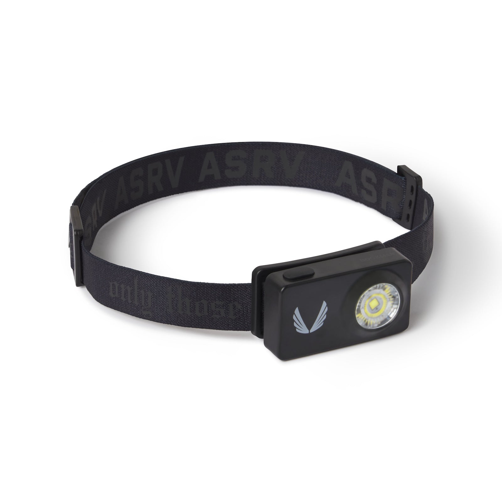 Flatlay of ASRV x Bookman Monocle headlamp in black, front view on white background