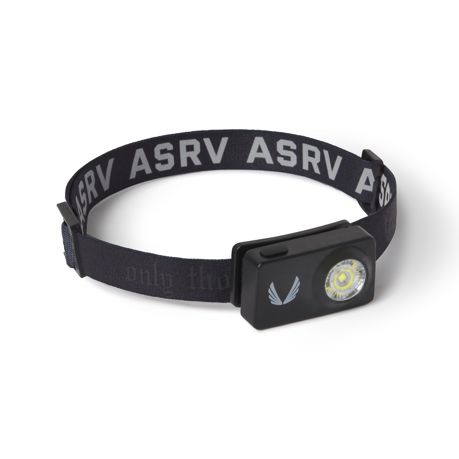 flatlay ASRV x Bookman Monocle headlamp in black with silver accents, front view