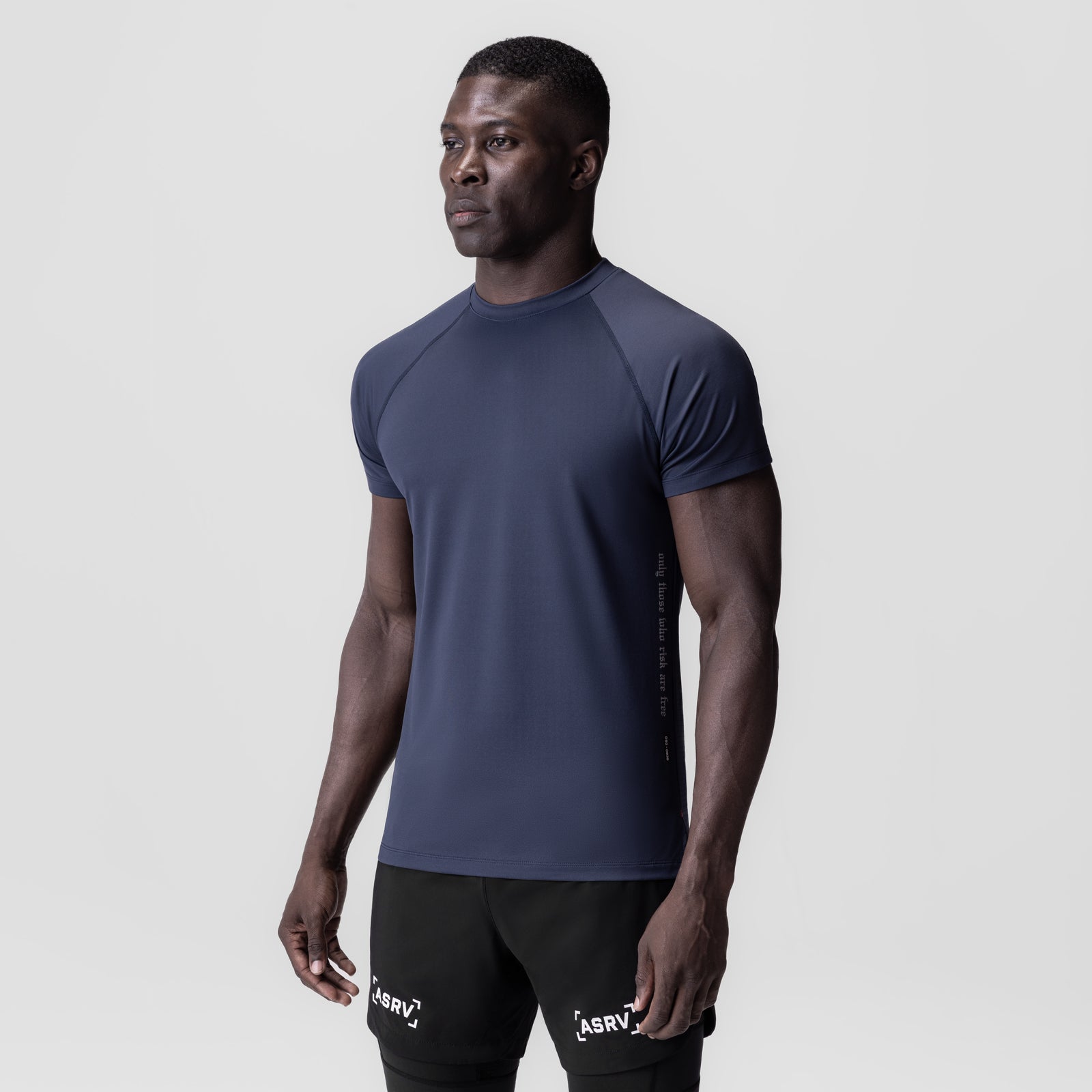 Navy 3D-Lite® 2.0 Lycra® fitted tee worn by model, front view