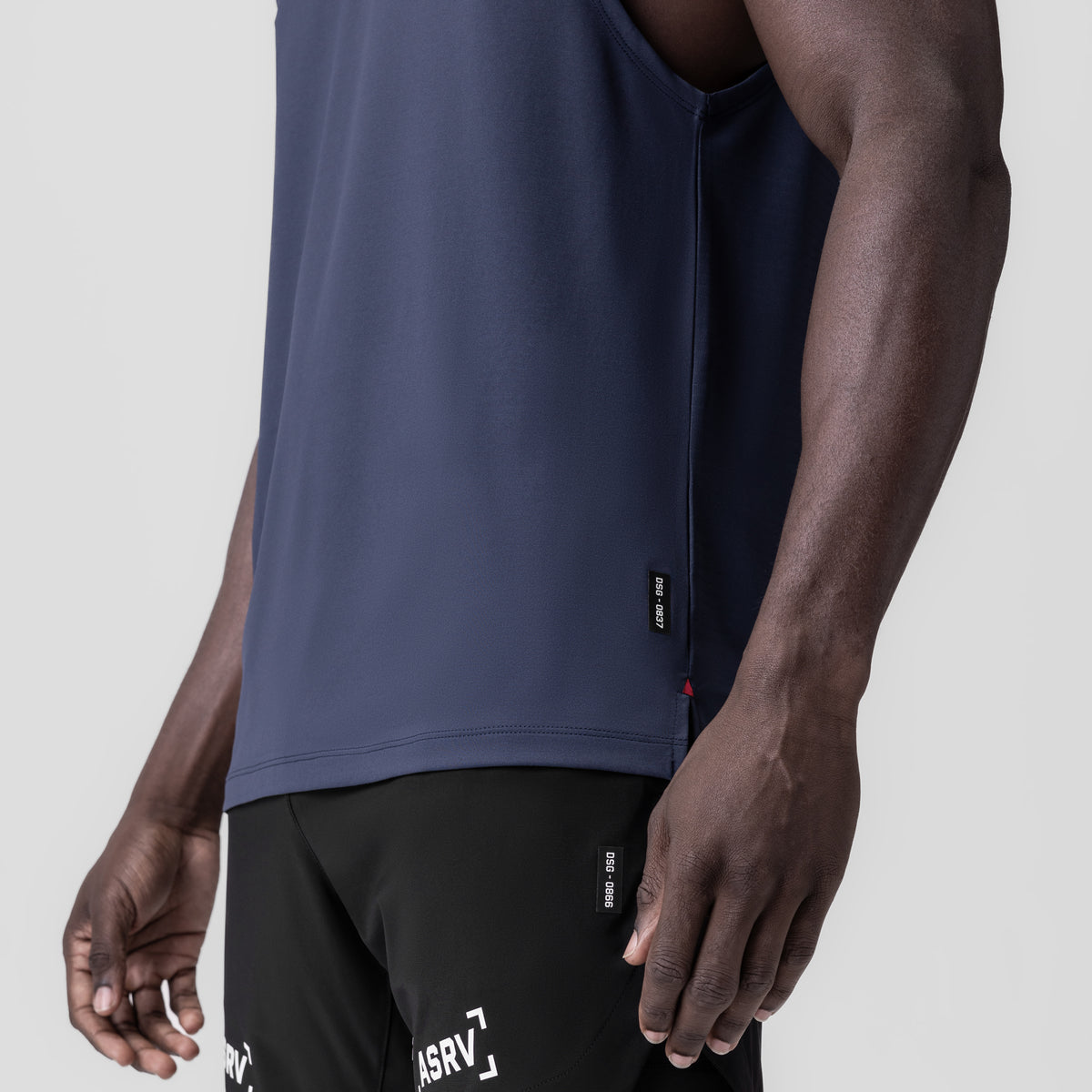 3D-Lite® 2.0 Lycra® Muscle Tank in navy worn by model, side view