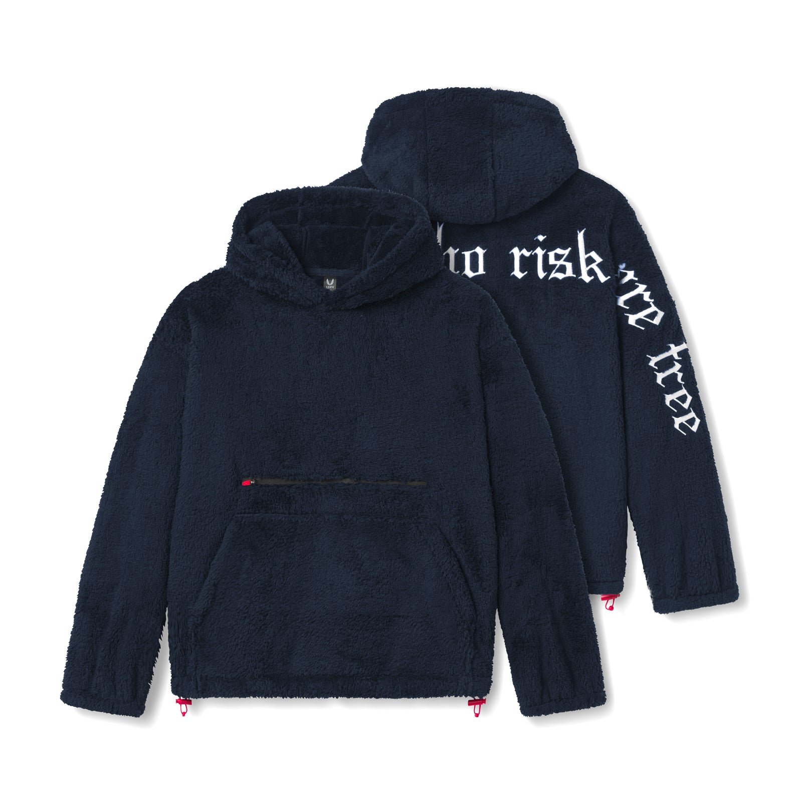 flatlay Sherpa Recovery Hoodie in navy with white text, front and back views