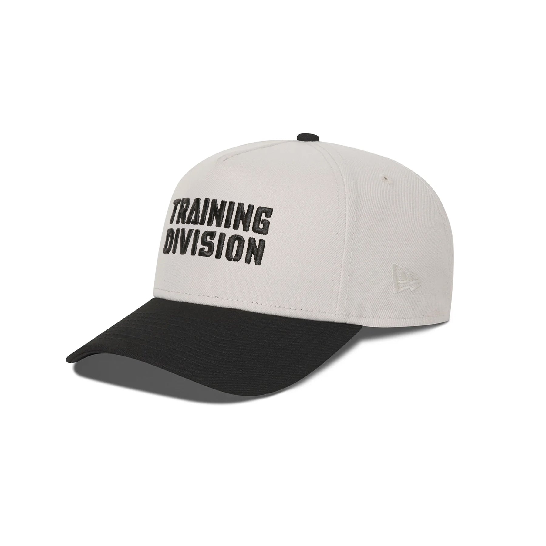 flatlay New Era 9Forty A-Frame Hat in stone and black with 'Training Division' text, front view