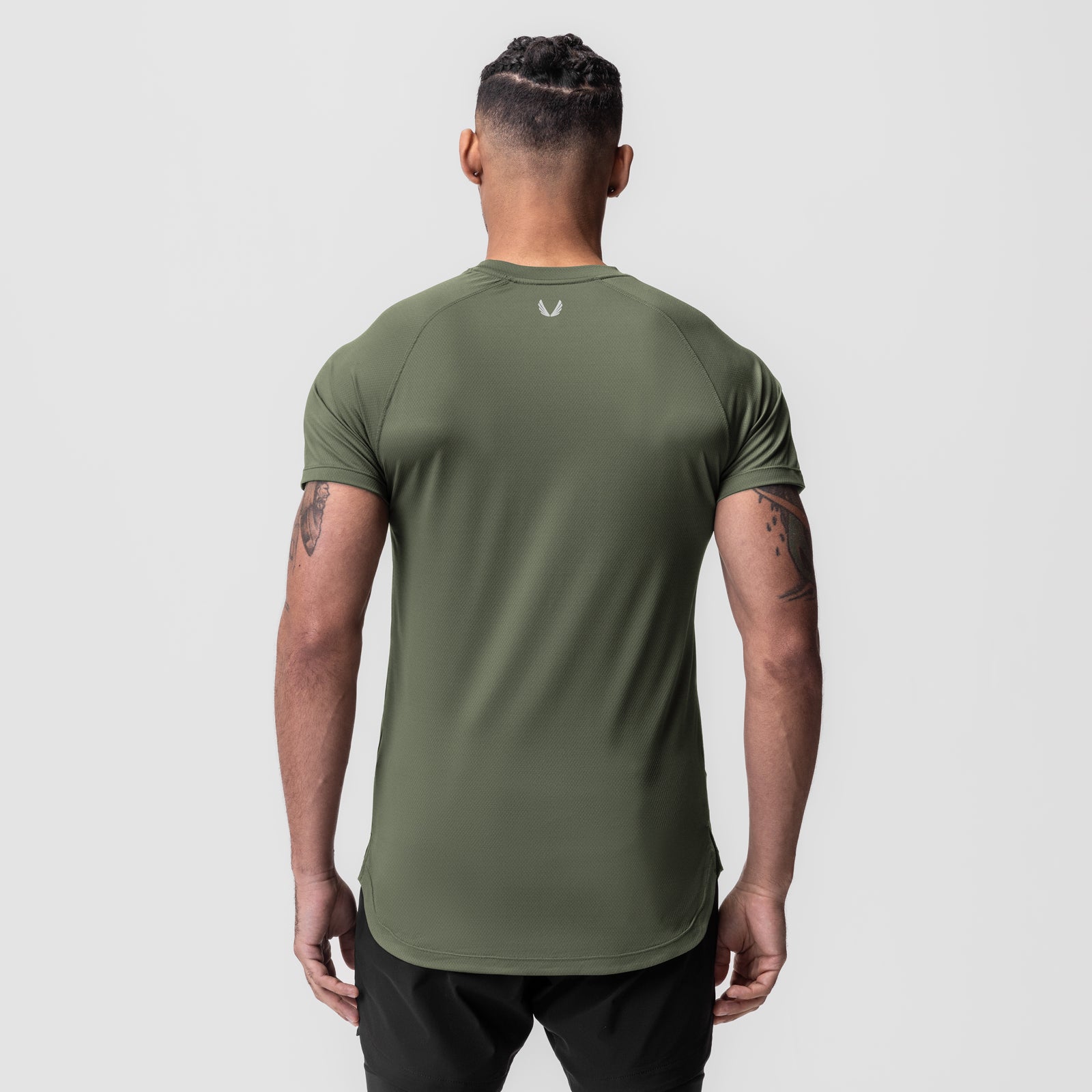 AeroSilver Established Tee in olive, back view on model