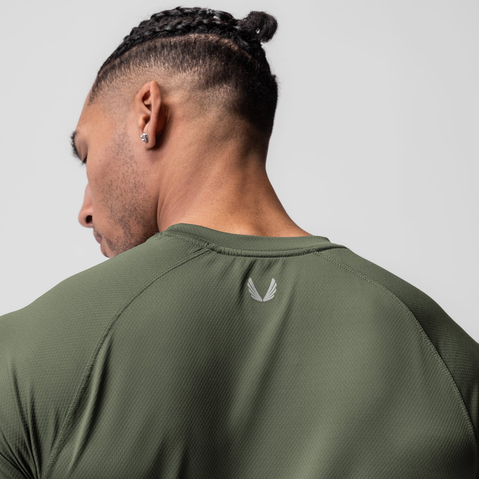 AeroSilver Established Tee in olive, rear view on model