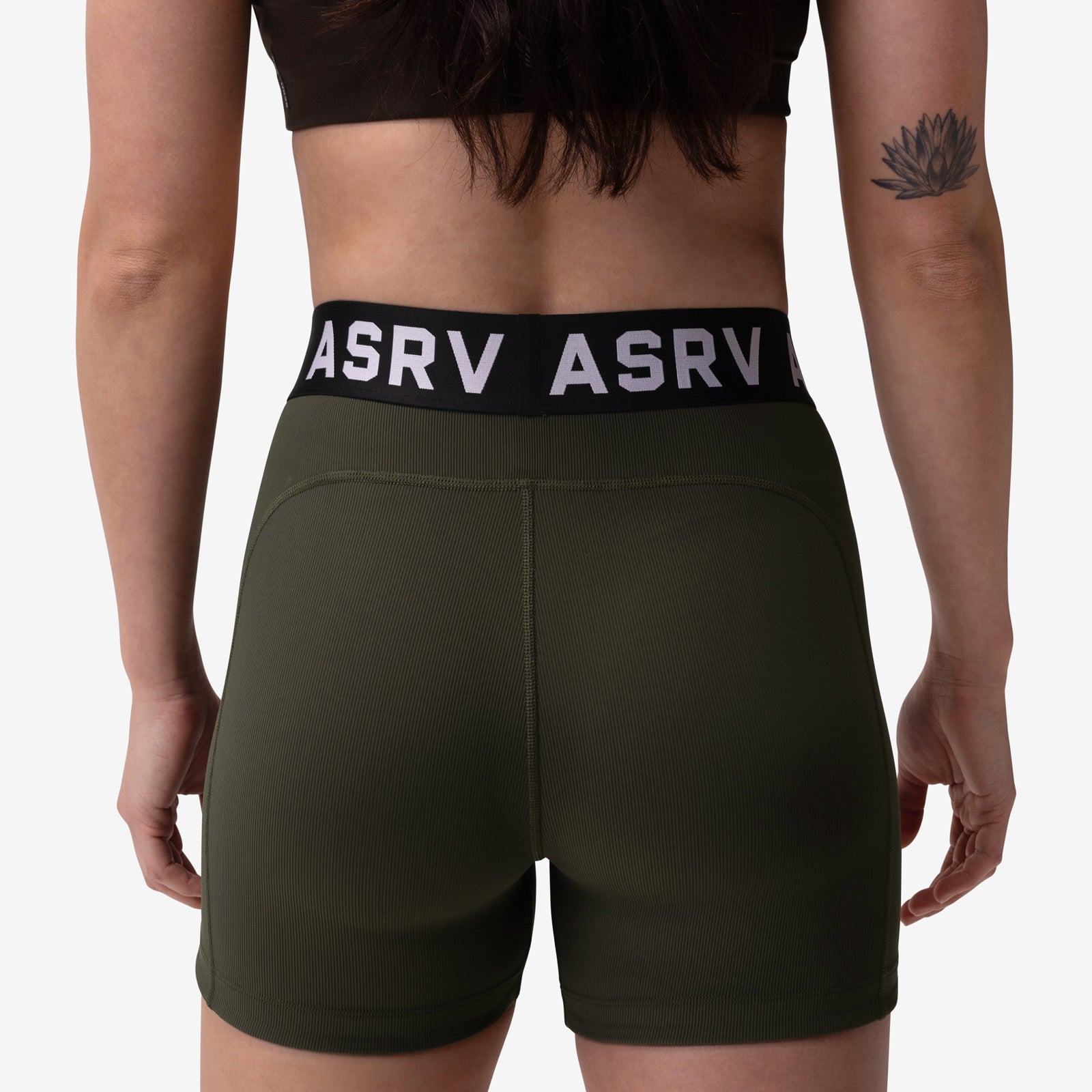 W027 Lycra Ribbed Short in olive worn by model, back view