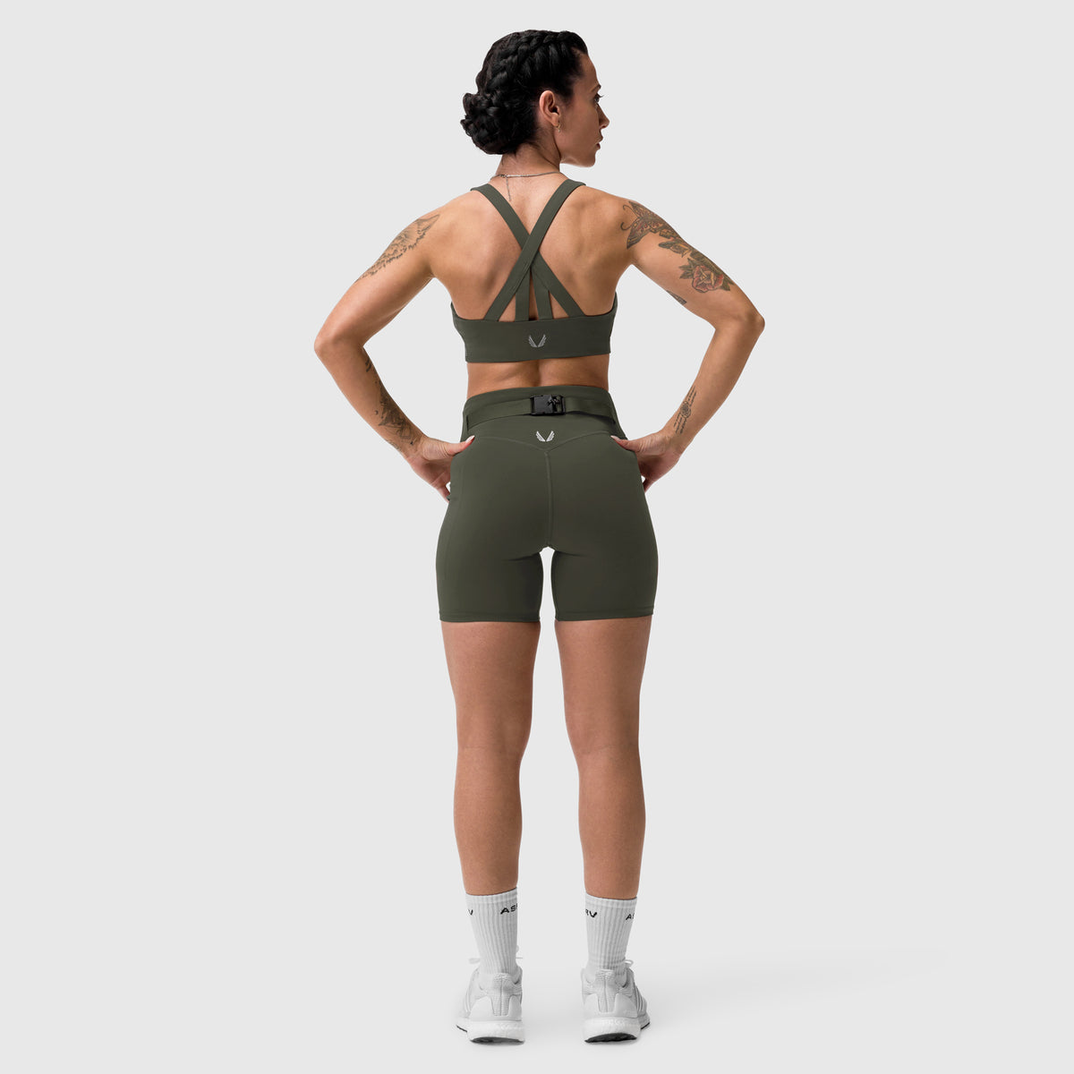 Lycra 3-in-1 Biker Short in olive, rear view on model