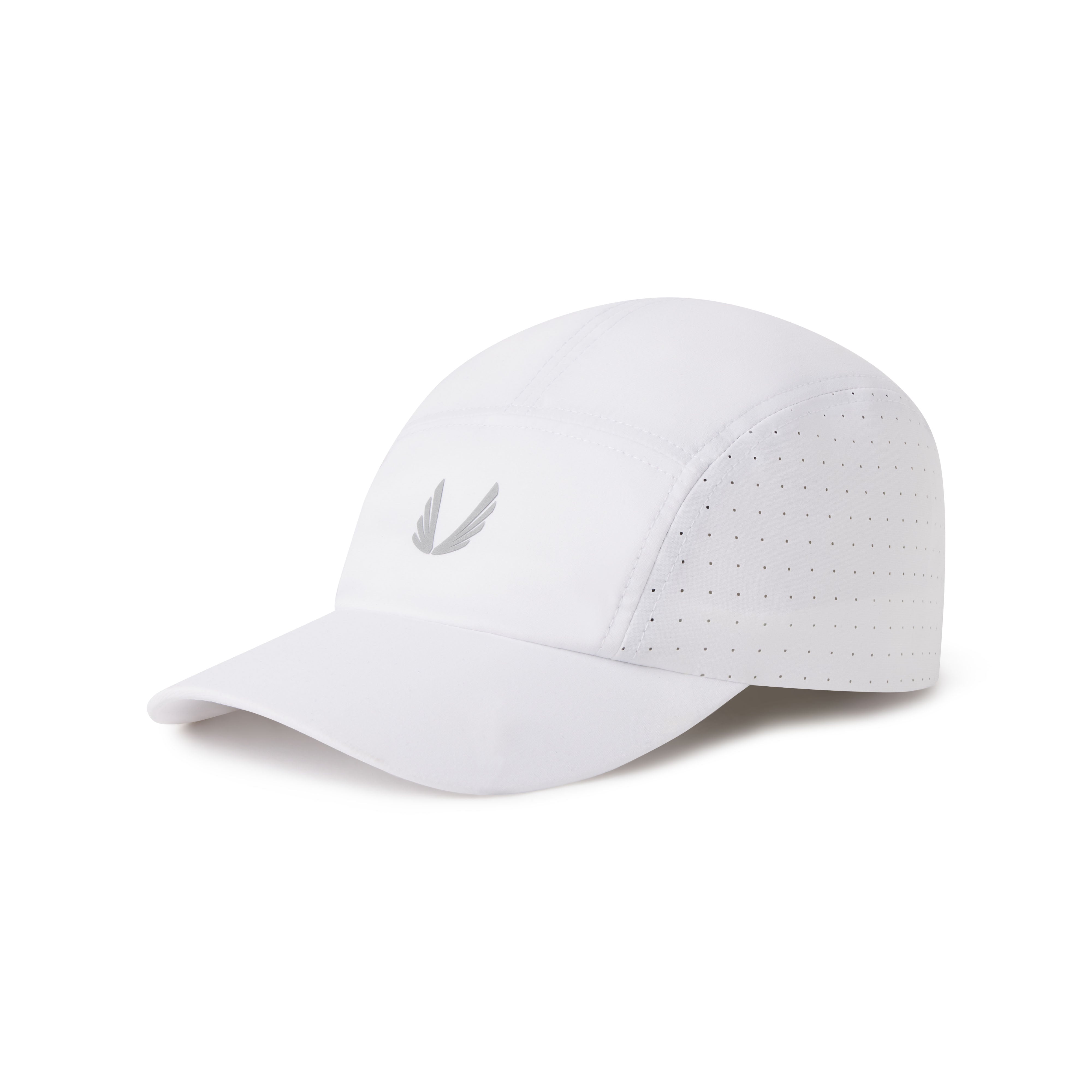 Flatlay of Tetra-Lite Vented Hat in white with silver wings logo, three-quarter view