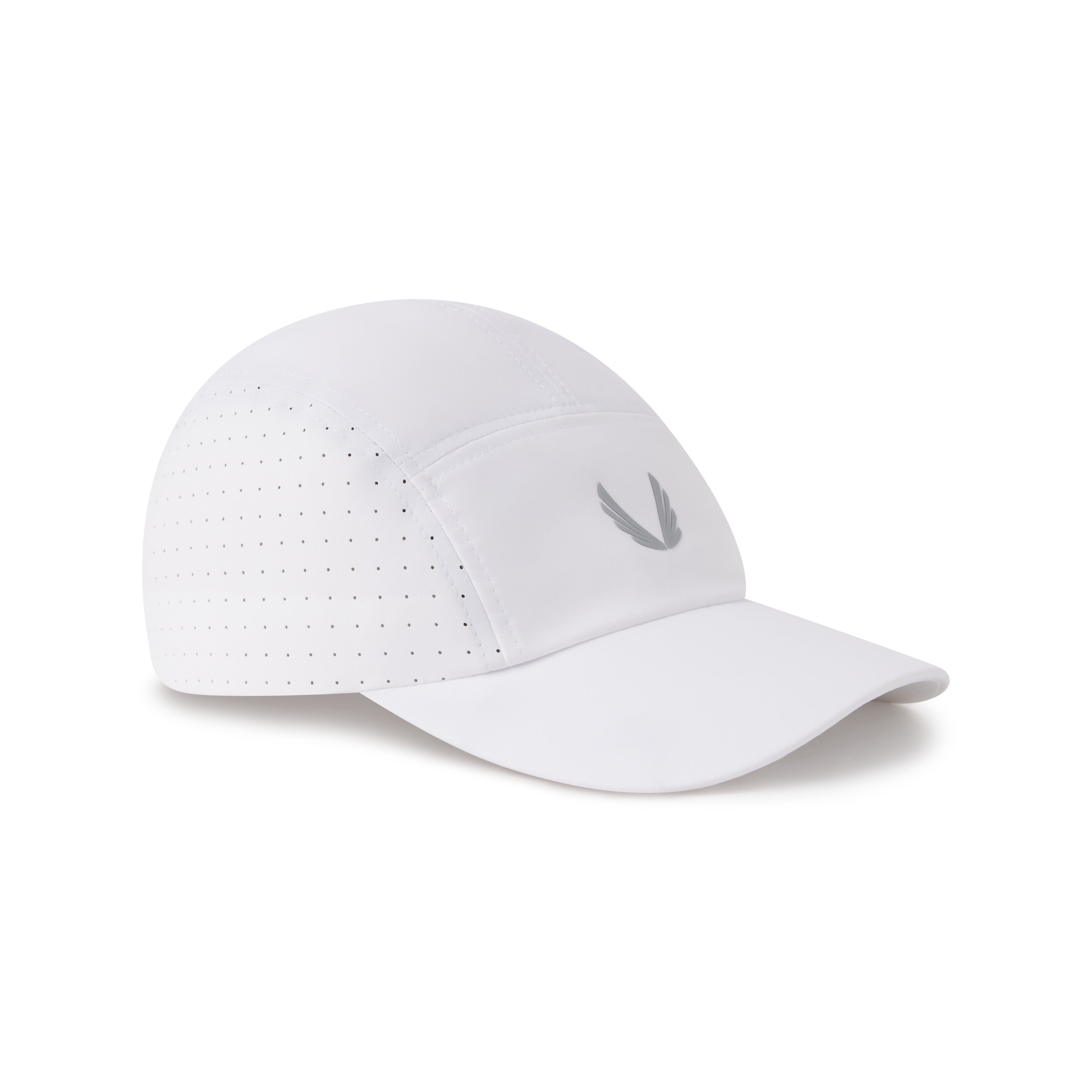flatlay Tetra-Lite Vented Hat in white with silver wings logo, side view