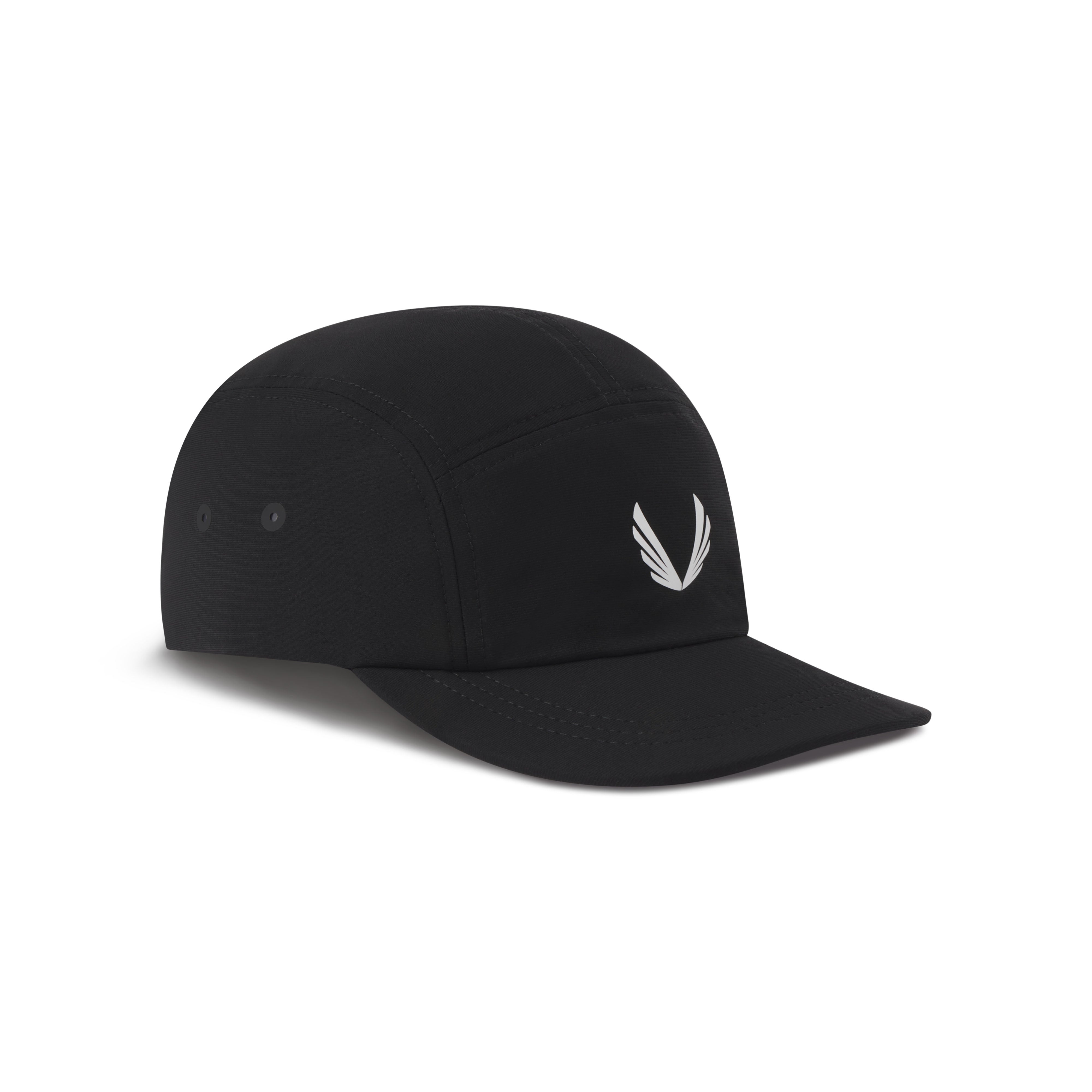 flatlay Tetra-Lite 5-Panel Run Cap in black with white wings logo, side view