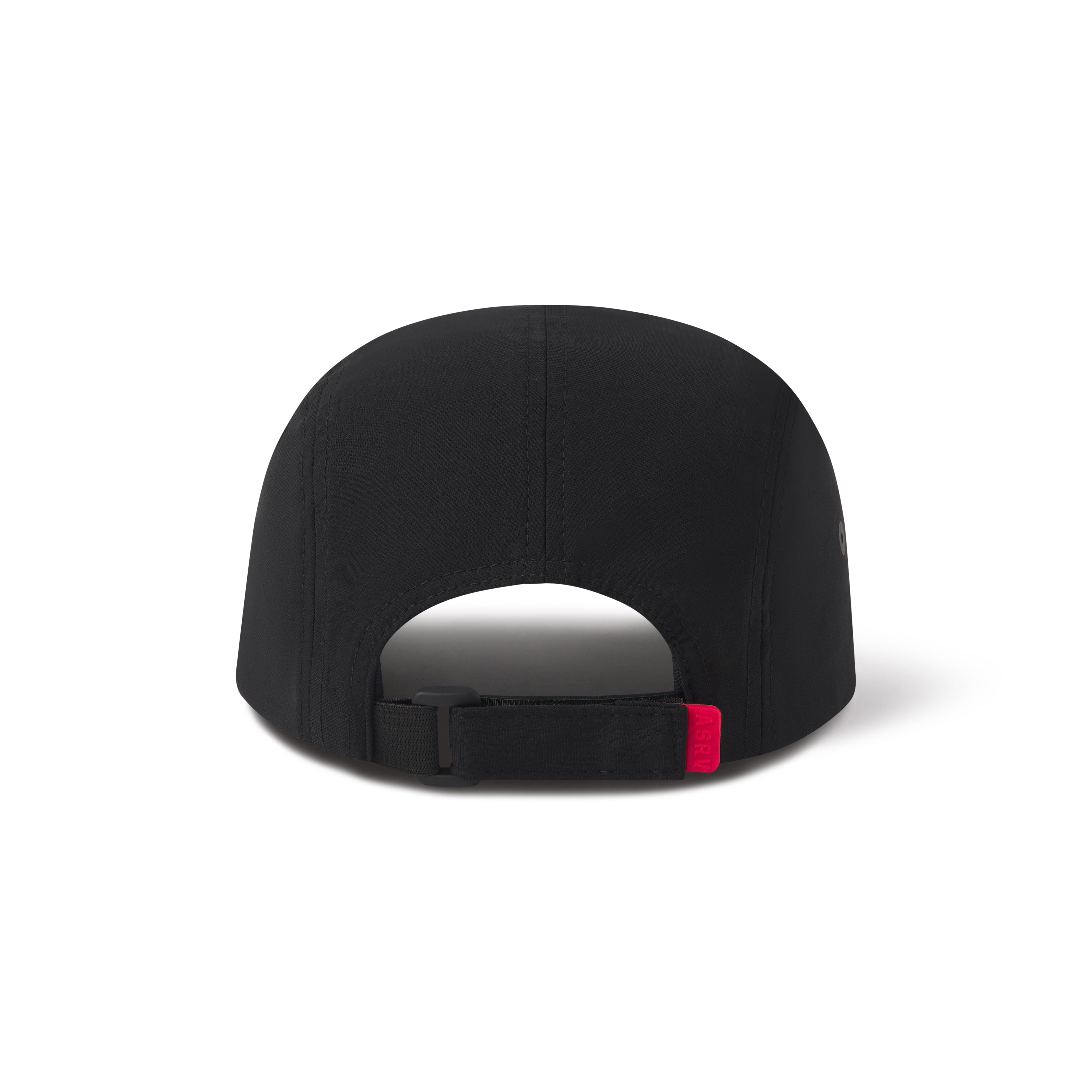 flatlay Tetra-Lite 5-Panel Run Cap in black with red adjustment strap, back view