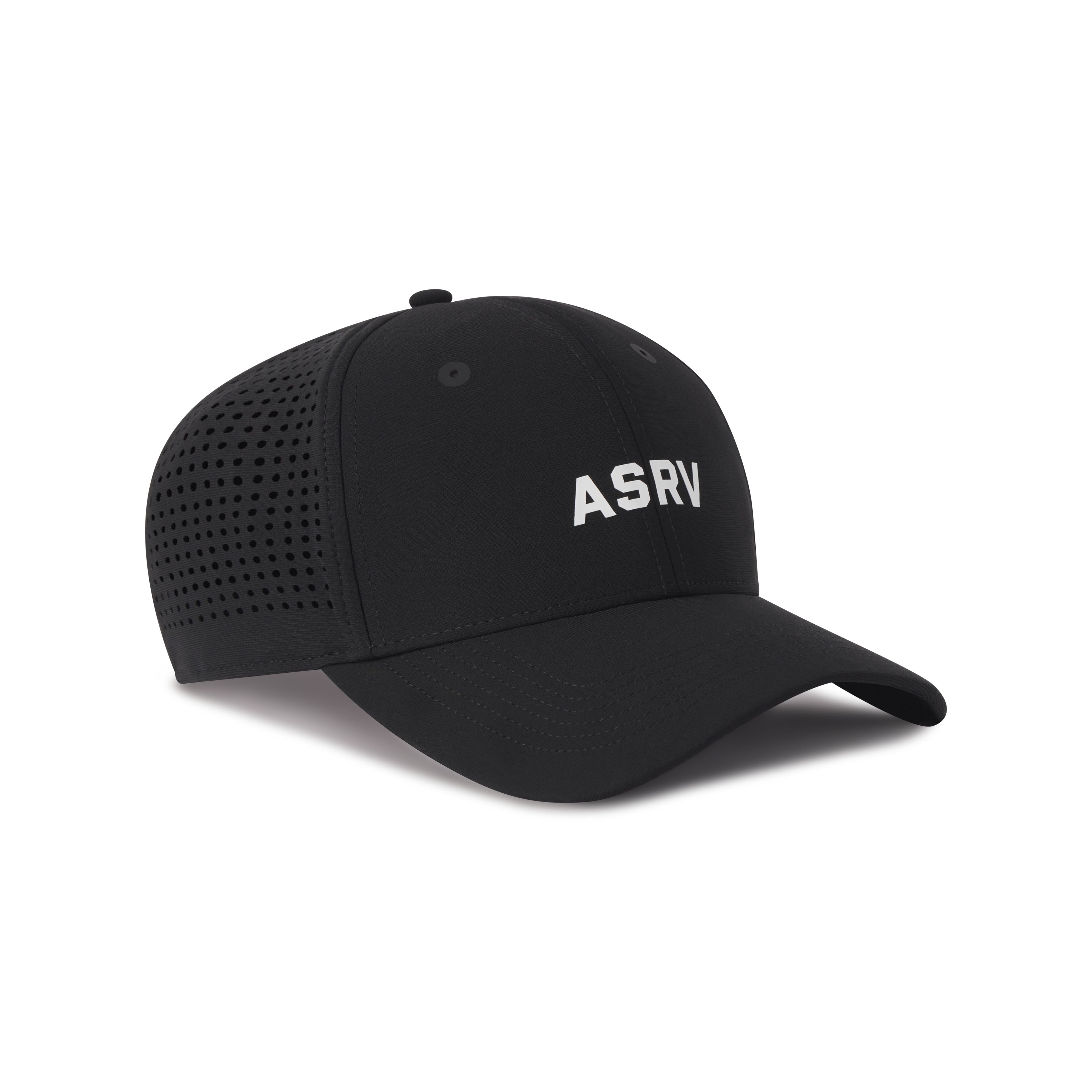 flatlay ASRV Tetra-Lite Sport Cap in black with white logo, angled view