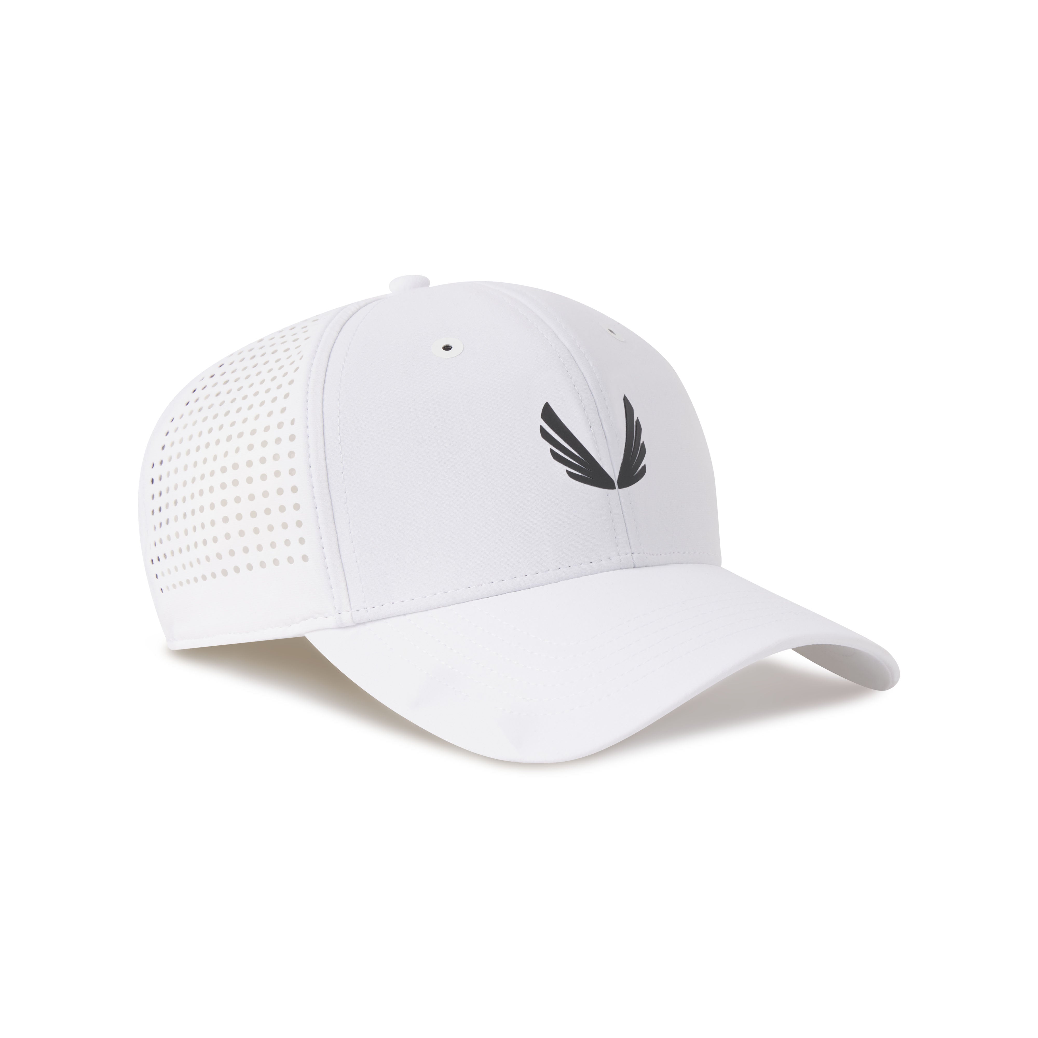 flatlay Tetra-Lite Sport Cap in white with black wings logo, angled front view